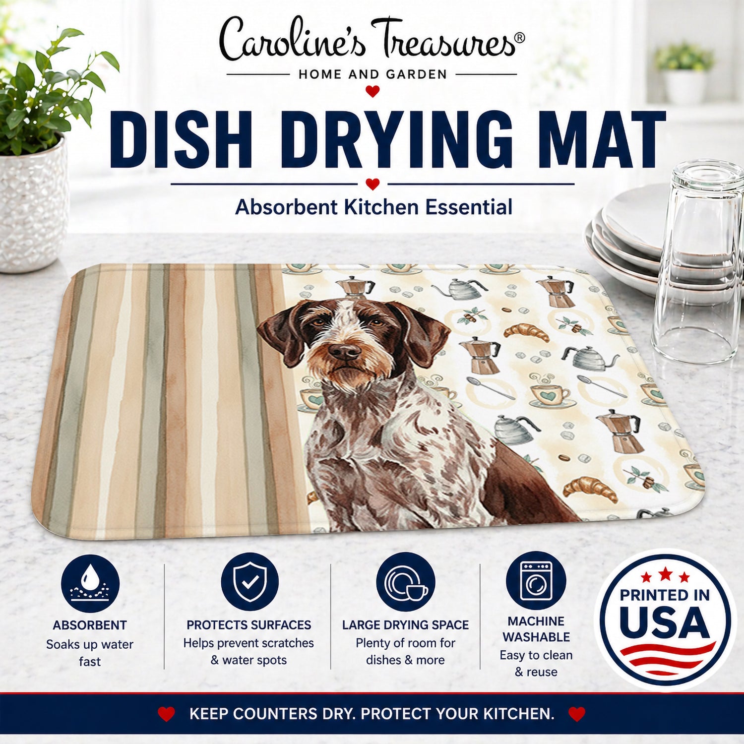 Roan German Wirehaired Pointer Coffee Bar Dish Drying Mat Absorbent Dish Drying Mat Pad for Kitchen Counter Dish Drainer Mat for Countertop, 14 x 21", Multicolor
