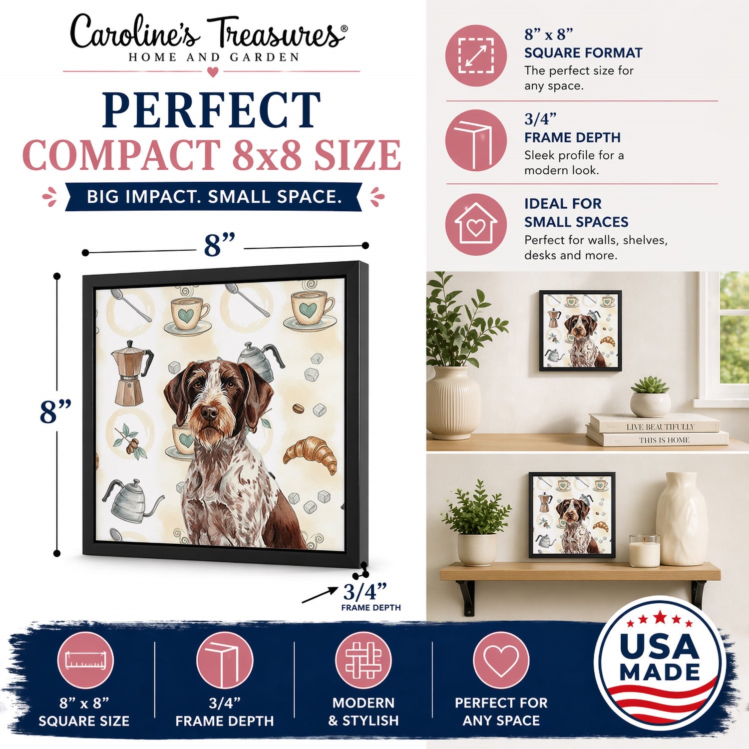 Roan German Wirehaired Pointer Coffee Bar Framed Metal Print Bathroom, Kitchen, Office, Home Decor Wall Art Ready to Hang, Square, 8X8