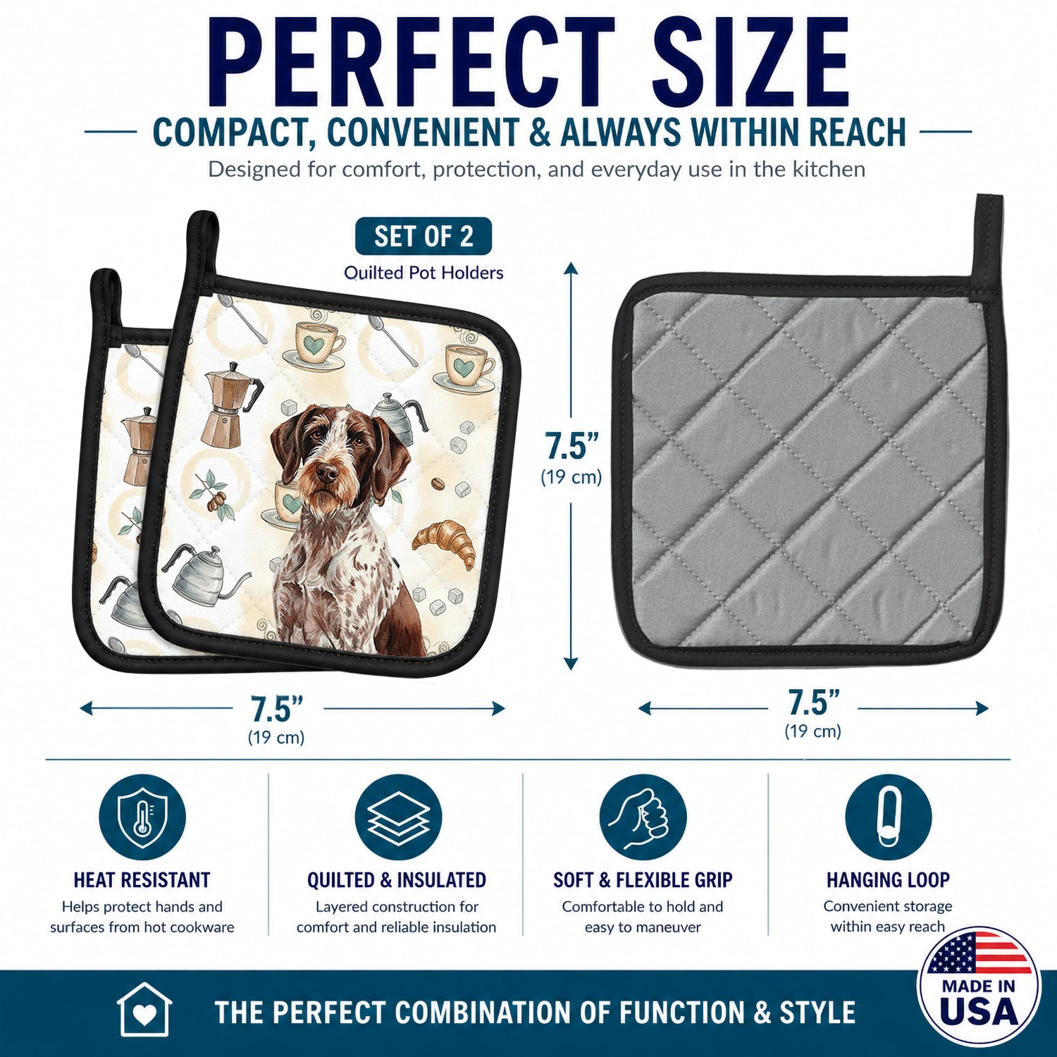 Roan German Wirehaired Pointer Coffee Bar Pot Holder Set of 2 Heat Resistant Quilted Hot Pads 7.5 x 7.5 Inch, Insulated Kitchen Trivets for Cooking & Baking