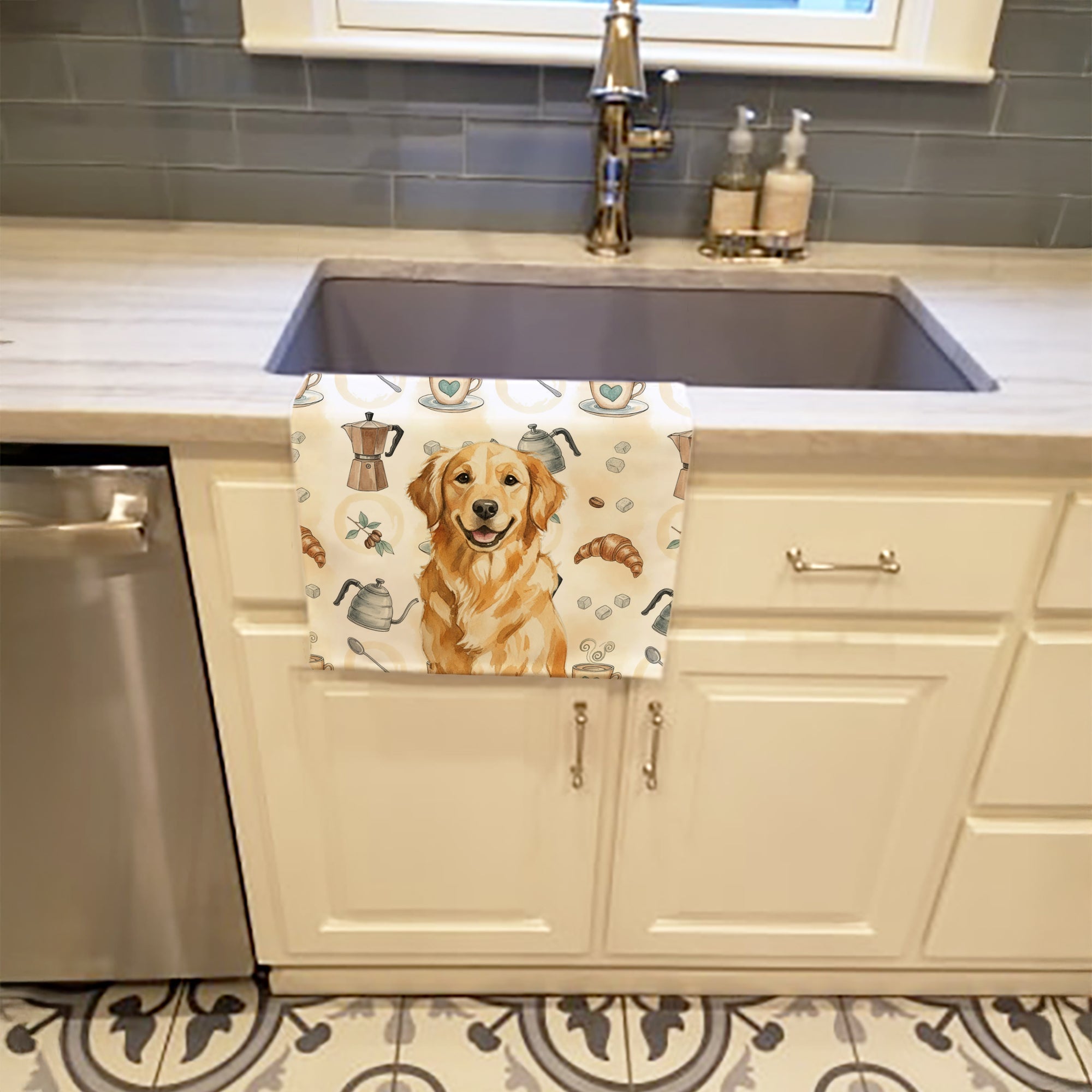 Golden Retriever Coffee Bar Kitchen Towel Velour Plush Front and Cotton Loop Back Machine Washable