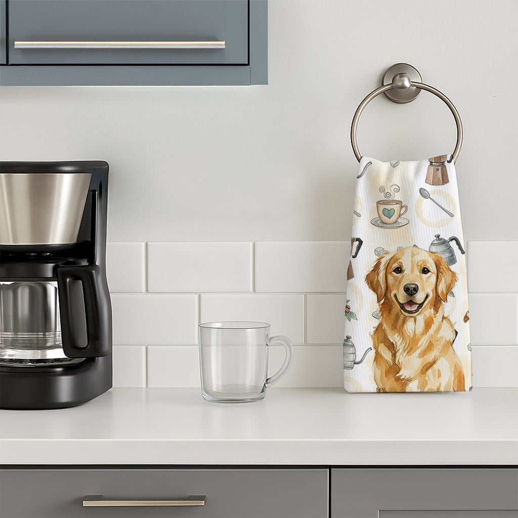 Golden Retriever Coffee Bar Kitchen Towel Velour Plush Front and Cotton Loop Back Machine Washable