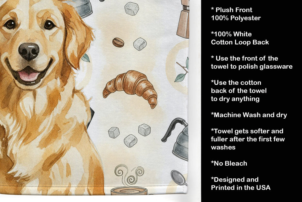 Golden Retriever Coffee Bar Kitchen Towel Velour Plush Front and Cotton Loop Back Machine Washable