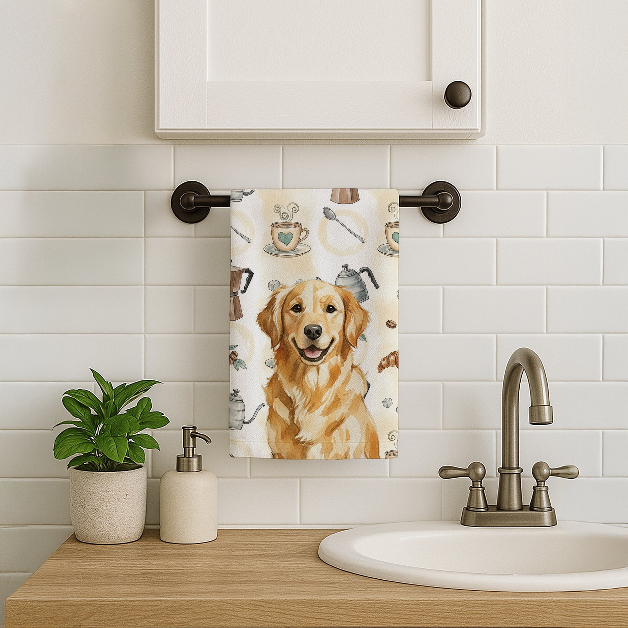 Golden Retriever Coffee Bar Kitchen Towel Velour Plush Front and Cotton Loop Back Machine Washable