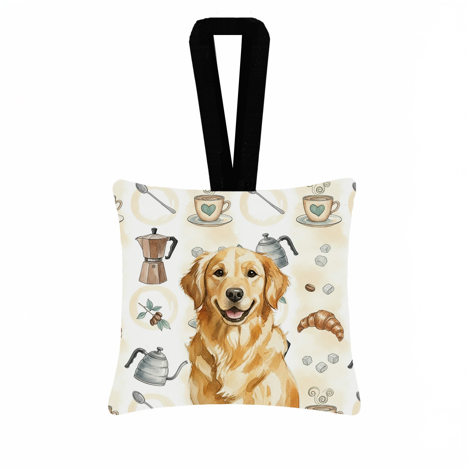 Golden Retriever Coffee Bar Hanging Square Fabric Ornament 3.5 � 3.5 Decorative Door-Knob & Tree Hanger, Soft Fabric