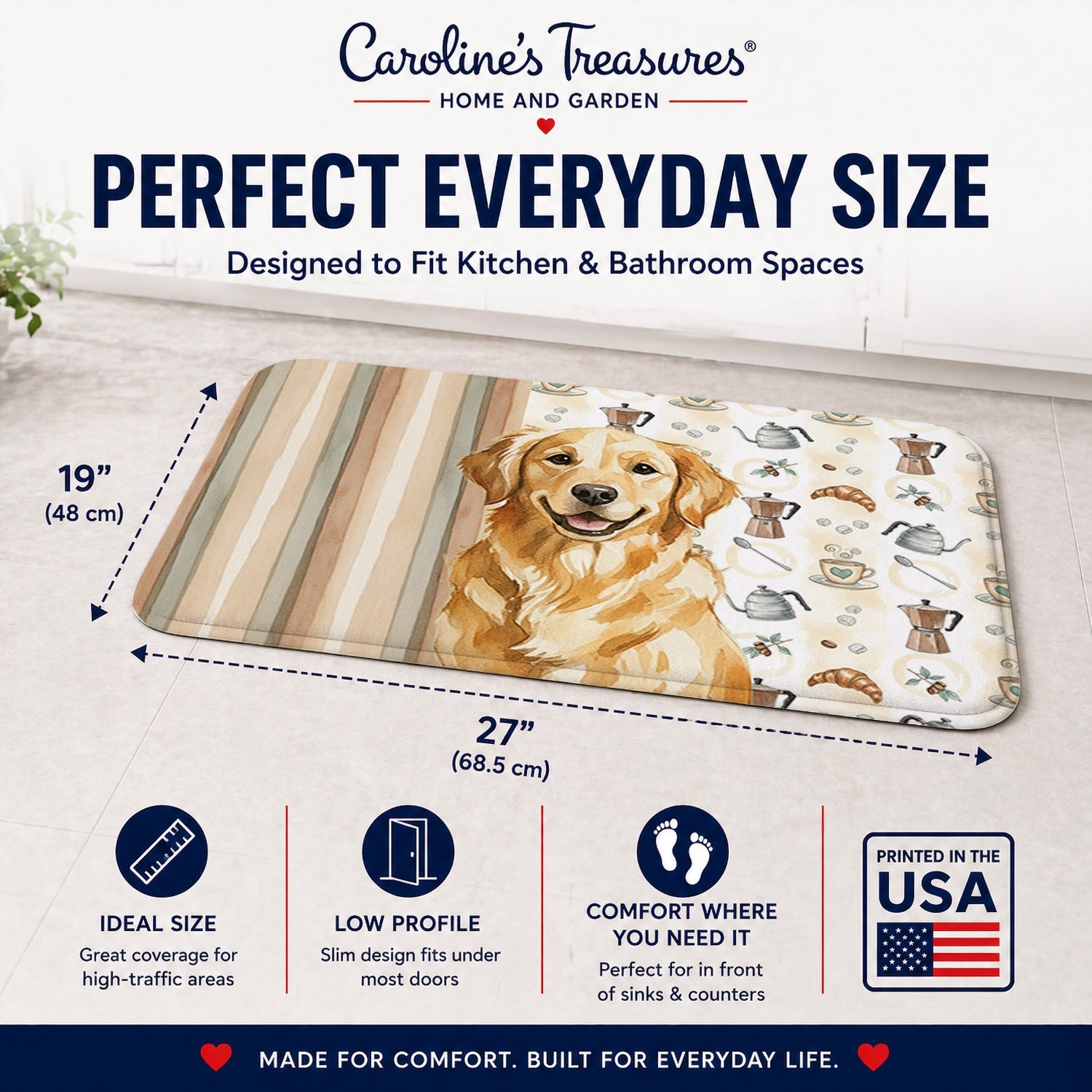 Golden Retriever Coffee Bar Memory Foam Kitchen Mat Machine Washable Anti-Fatigue Cushion Comfort Bath or Kitchen Rug