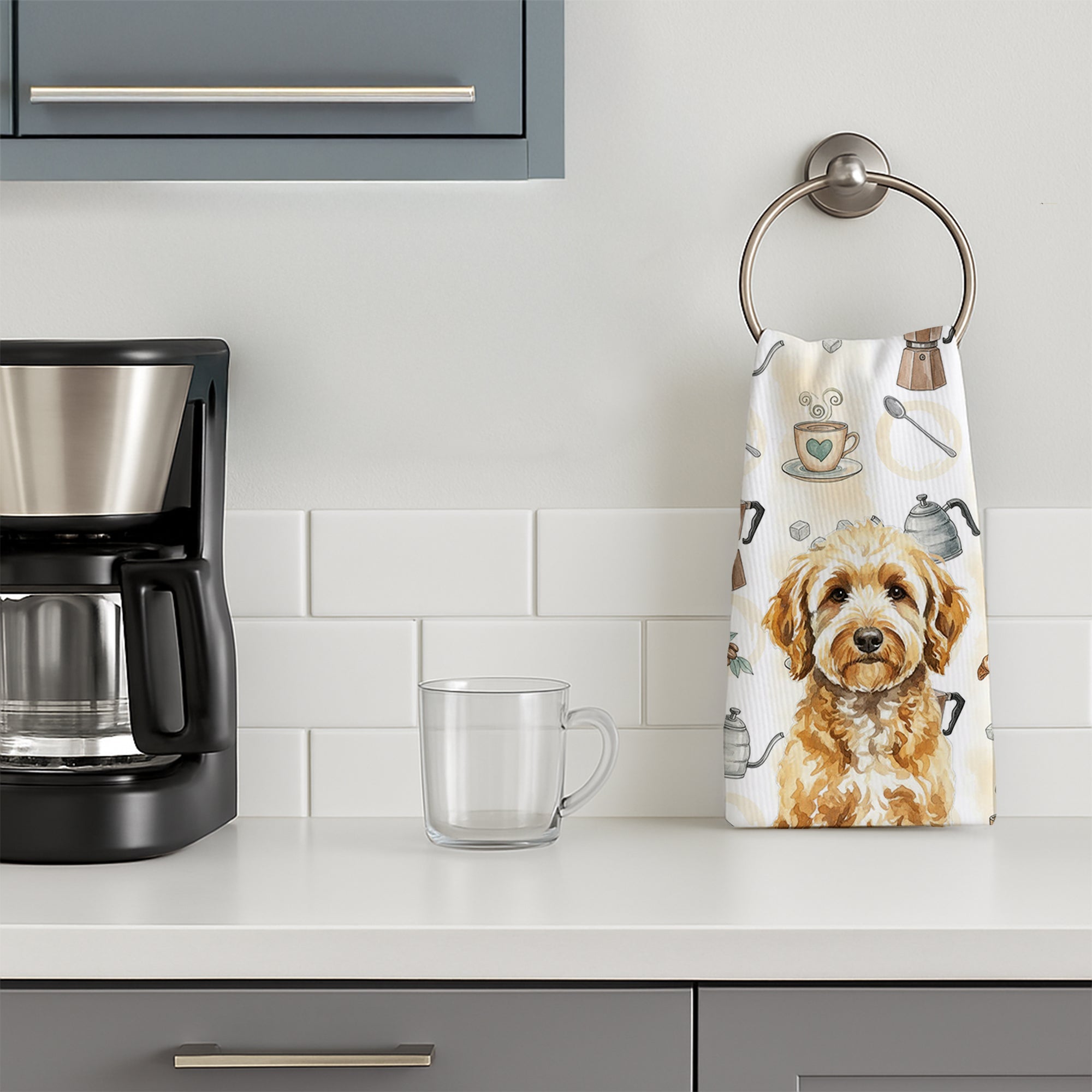Goldendoodle Coffee Bar Kitchen Towel Velour Plush Front and Cotton Loop Back Machine Washable