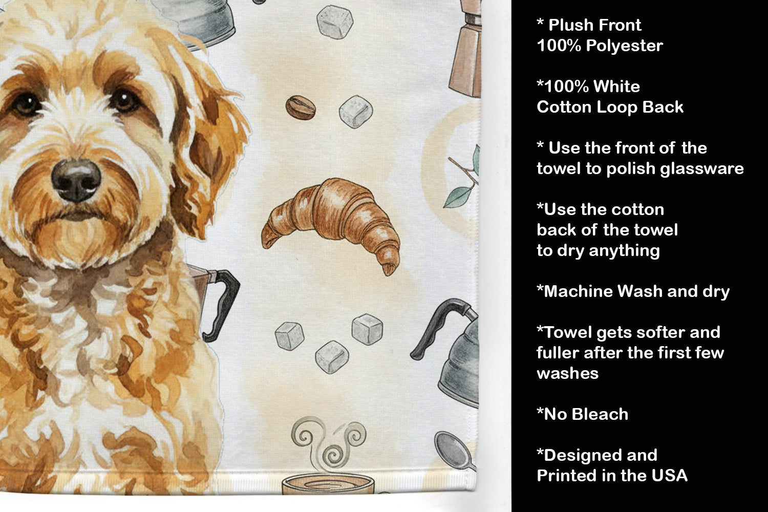 Goldendoodle Coffee Bar Kitchen Towel Velour Plush Front and Cotton Loop Back Machine Washable