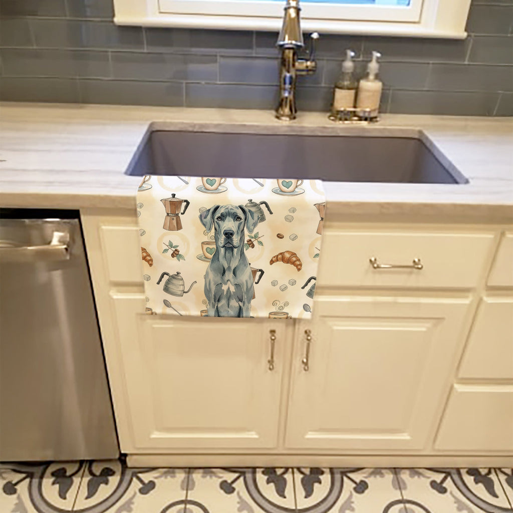 Blue Great Dane Coffee Bar Kitchen Towel Velour Plush Front and Cotton Loop Back Machine Washable
