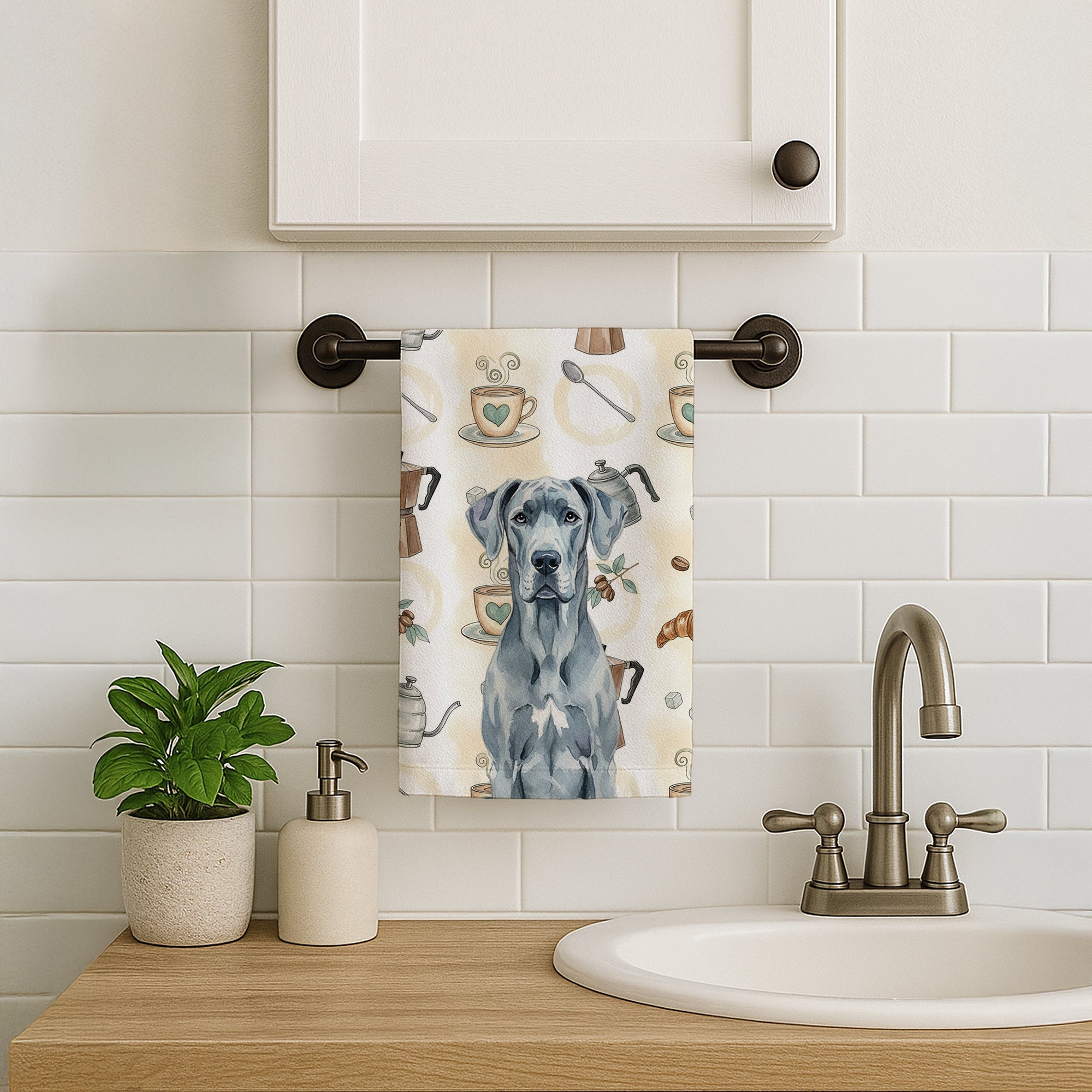 Blue Great Dane Coffee Bar Kitchen Towel Velour Plush Front and Cotton Loop Back Machine Washable