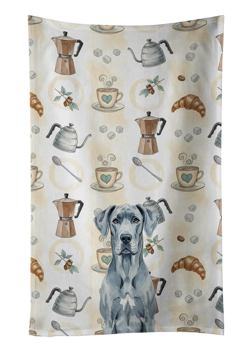 Blue Great Dane Coffee Bar Kitchen Towel Velour Plush Front and Cotton Loop Back Machine Washable