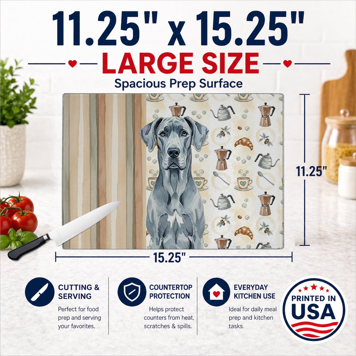 Blue Great Dane Coffee Bar Cutting Board Tempered Glass Kitchen Cutting Surface, Heat Resistant Chopping, Non-Slip Feet, Food Prep & Serving