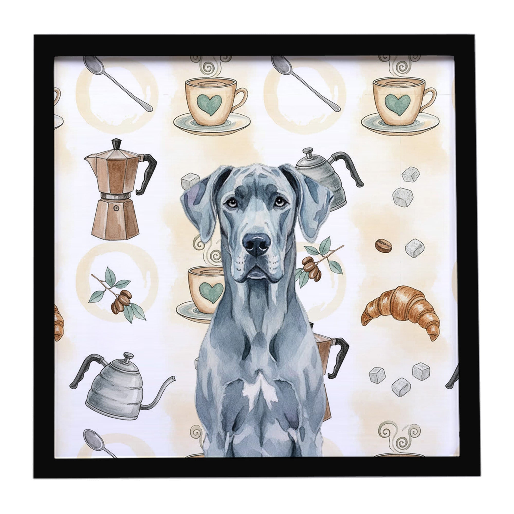 Blue Great Dane Coffee Bar Framed Metal Print Bathroom, Kitchen, Office, Home Decor Wall Art Ready to Hang, Square, 8X8