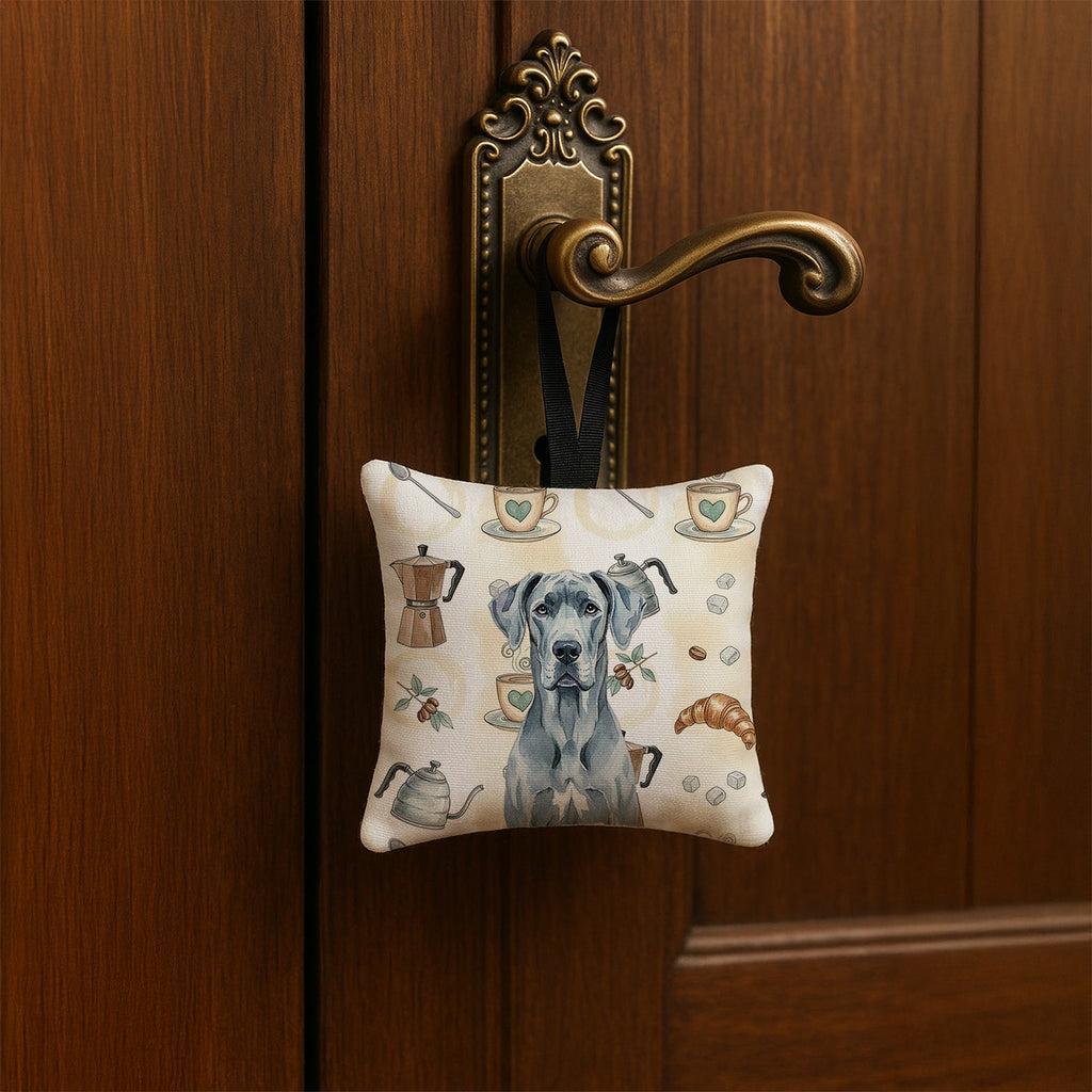 Blue Great Dane Coffee Bar Hanging Square Fabric Ornament 3.5 � 3.5 Decorative Door-Knob & Tree Hanger, Soft Fabric