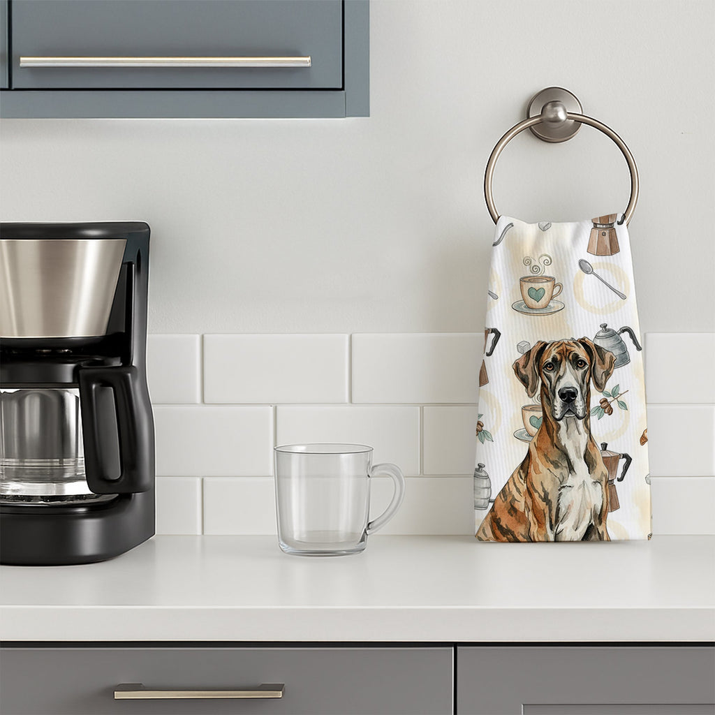Brindle Great Dane Coffee Bar Kitchen Towel Velour Plush Front and Cotton Loop Back Machine Washable