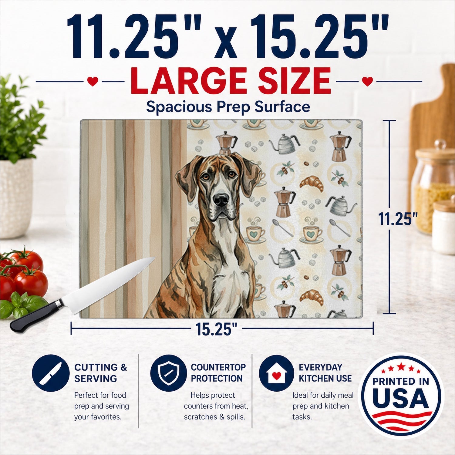 Brindle Great Dane Coffee Bar Cutting Board Tempered Glass Kitchen Cutting Surface, Heat Resistant Chopping, Non-Slip Feet, Food Prep & Serving