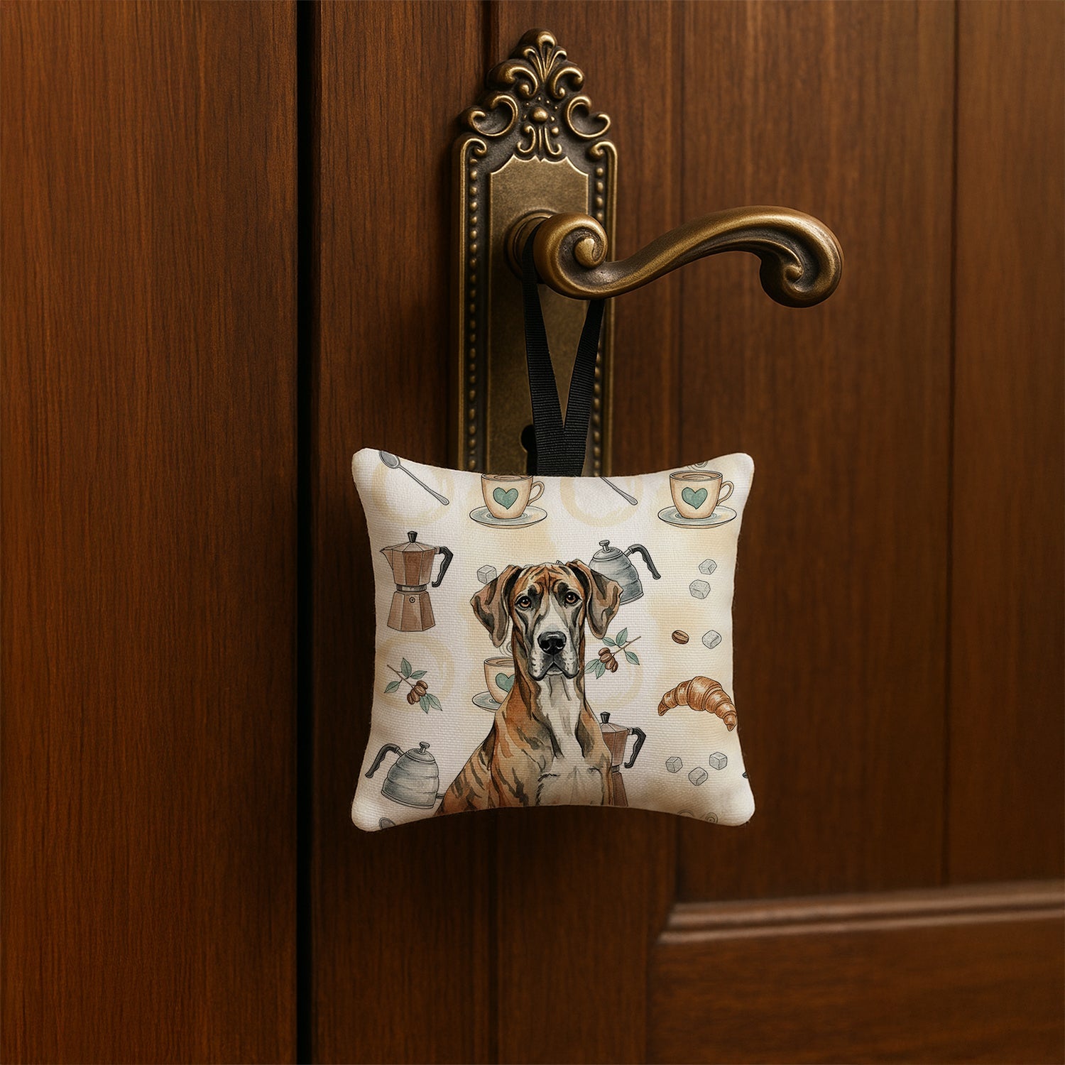 Brindle Great Dane Coffee Bar Hanging Square Fabric Ornament 3.5 � 3.5 Decorative Door-Knob & Tree Hanger, Soft Fabric