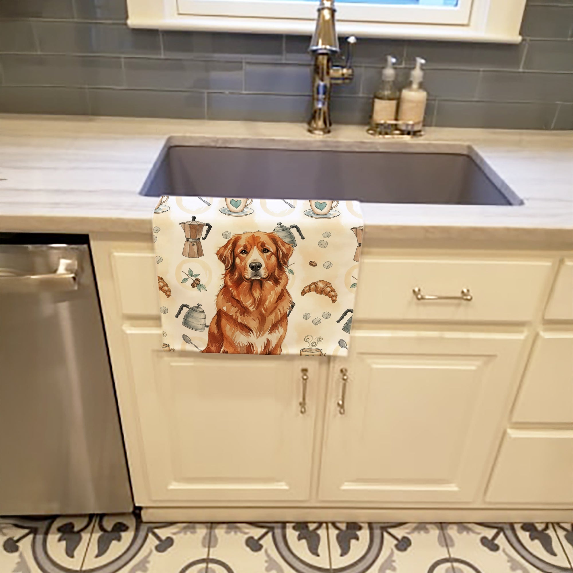 Reddish Brown Great Pyrenees Coffee Bar Kitchen Towel Velour Plush Front and Cotton Loop Back Machine Washable