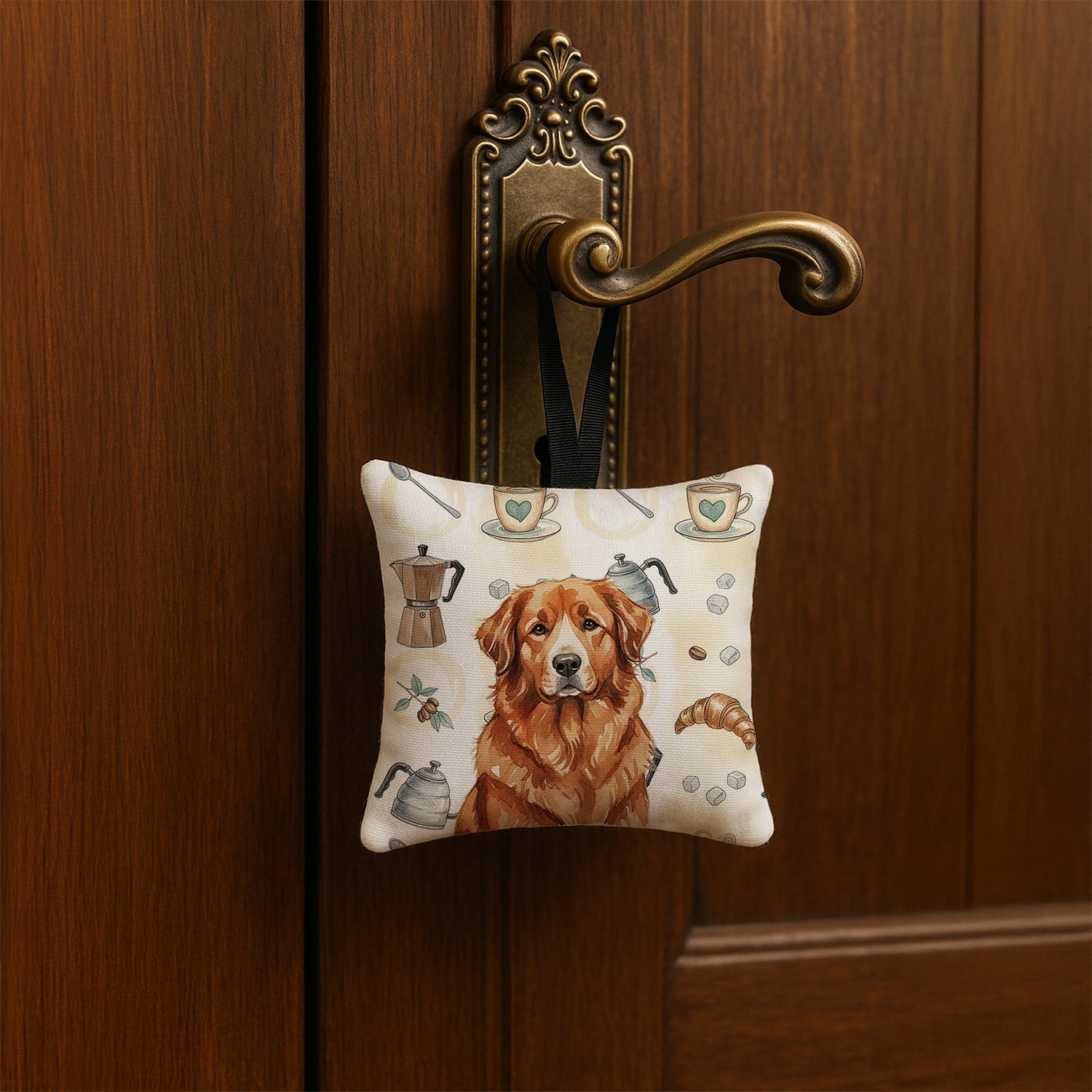 Reddish Brown Great Pyrenees Coffee Bar Hanging Square Fabric Ornament 3.5 � 3.5 Decorative Door-Knob & Tree Hanger, Soft Fabric