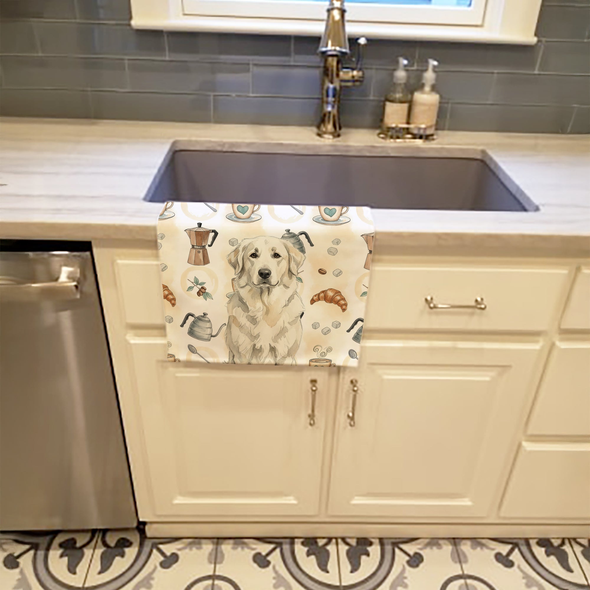 White Great Pyrenees Coffee Bar Kitchen Towel Velour Plush Front and Cotton Loop Back Machine Washable