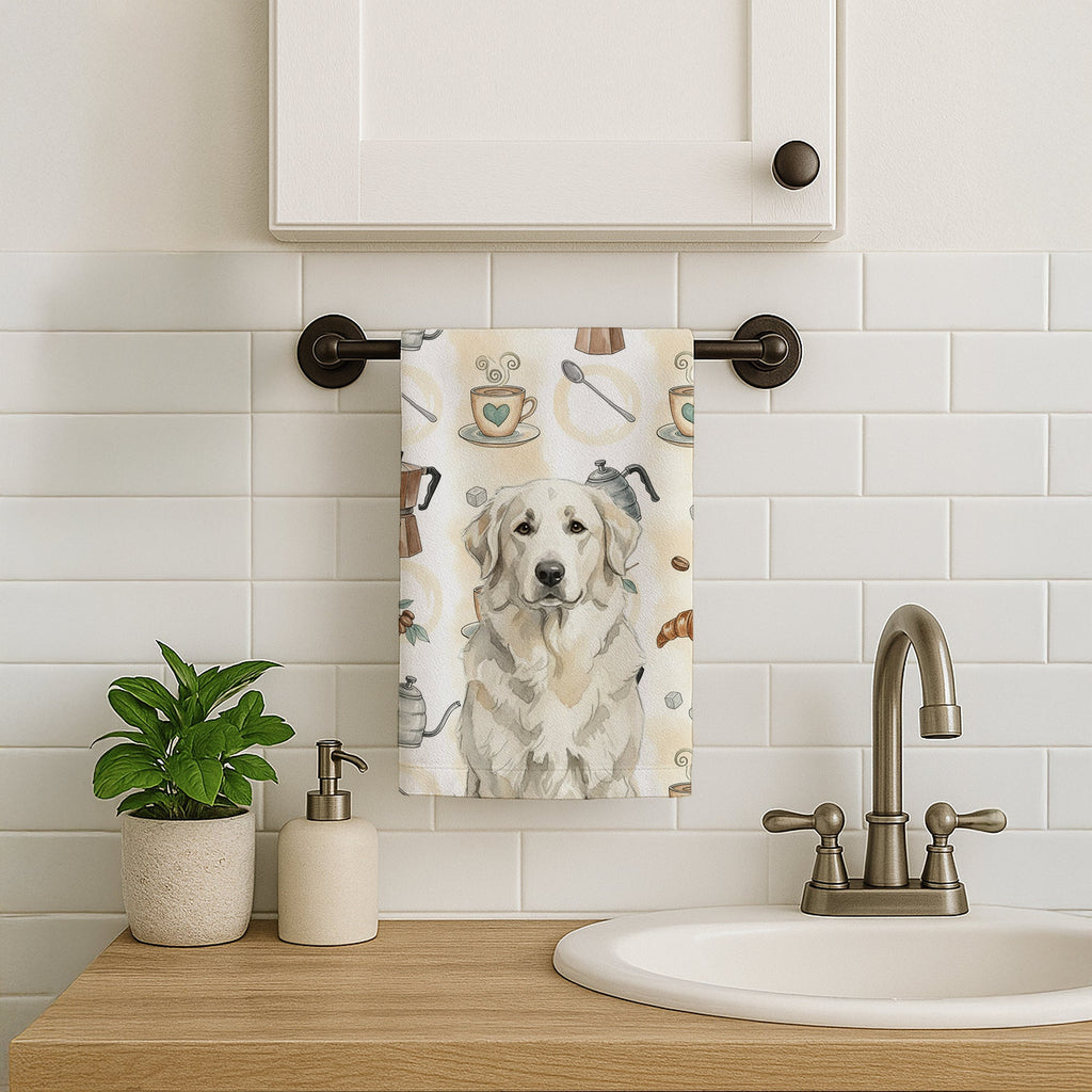 White Great Pyrenees Coffee Bar Kitchen Towel Velour Plush Front and Cotton Loop Back Machine Washable
