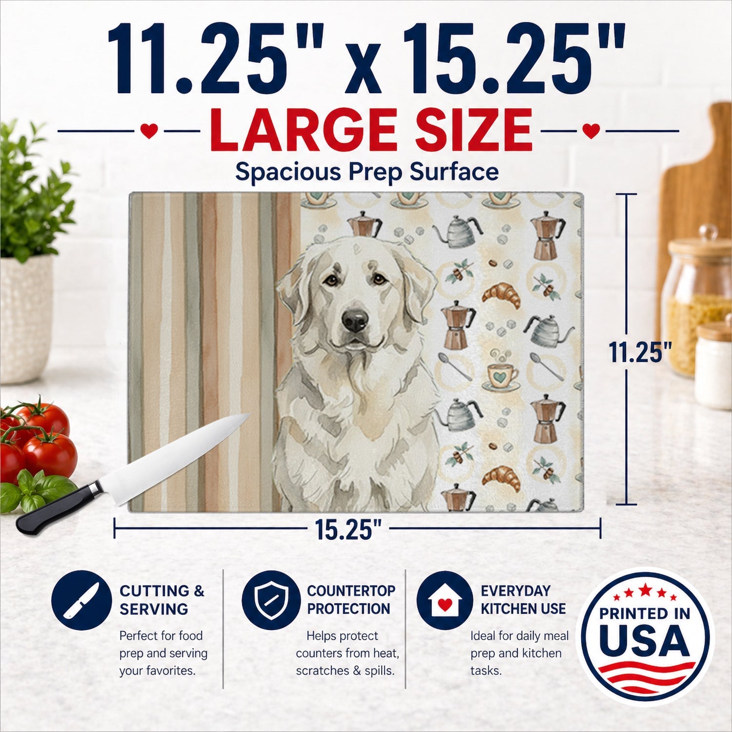 White Great Pyrenees Coffee Bar Cutting Board Tempered Glass Kitchen Cutting Surface, Heat Resistant Chopping, Non-Slip Feet, Food Prep & Serving
