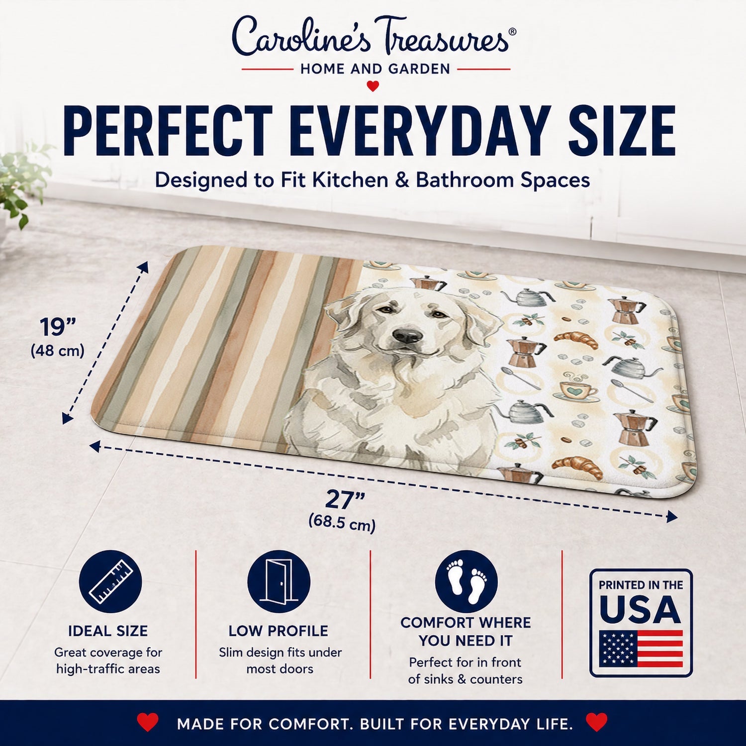 White Great Pyrenees Coffee Bar Memory Foam Kitchen Mat Machine Washable Anti-Fatigue Cushion Comfort Bath or Kitchen Rug