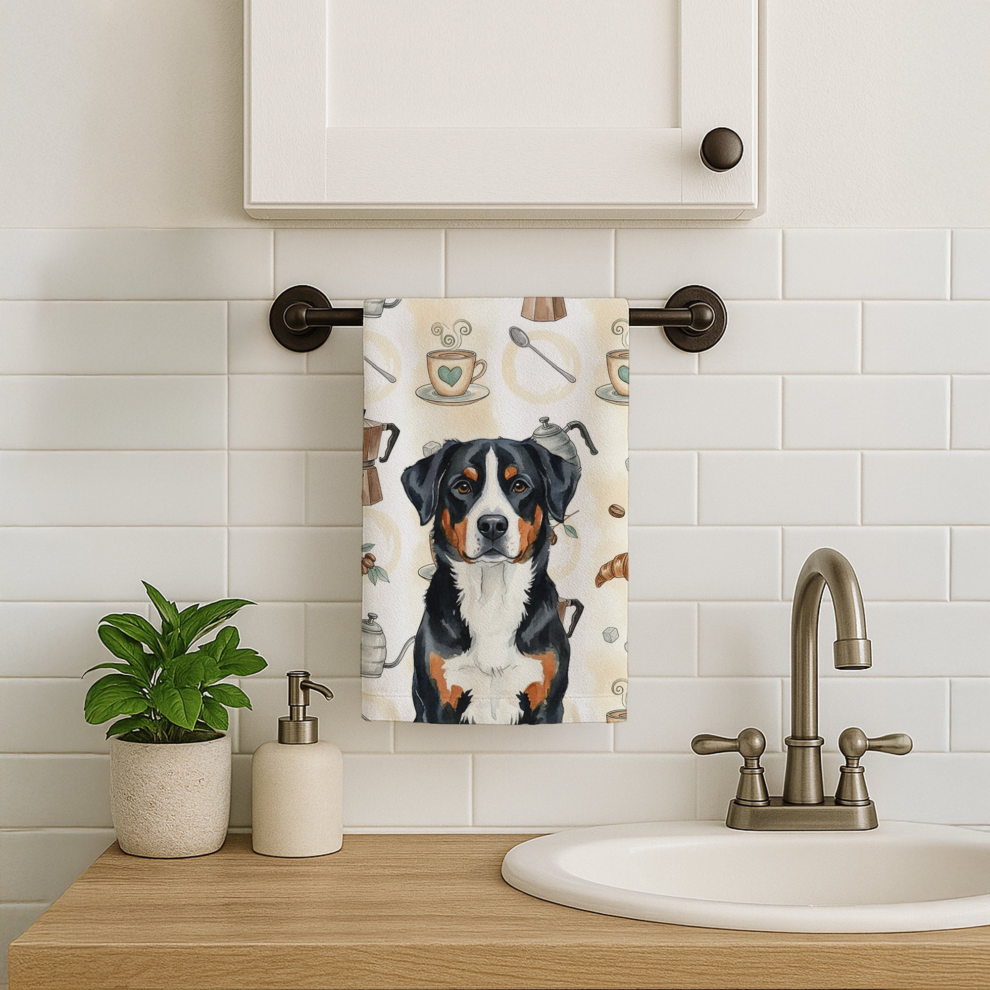 Greater Swiss Mountain Dog Coffee Bar Kitchen Towel Velour Plush Front and Cotton Loop Back Machine Washable