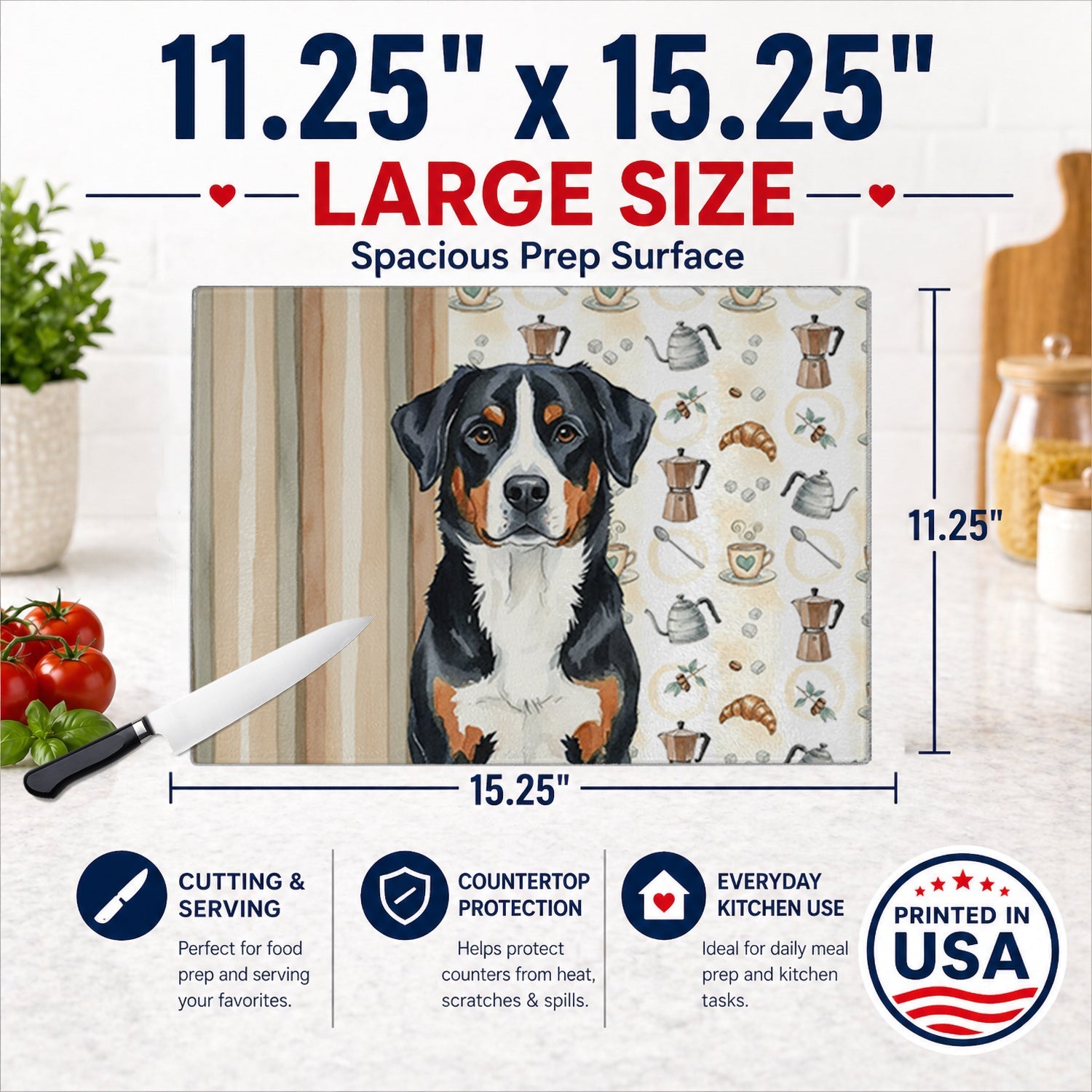 Greater Swiss Mountain Dog Coffee Bar Cutting Board Tempered Glass Kitchen Cutting Surface, Heat Resistant Chopping, Non-Slip Feet, Food Prep & Serving
