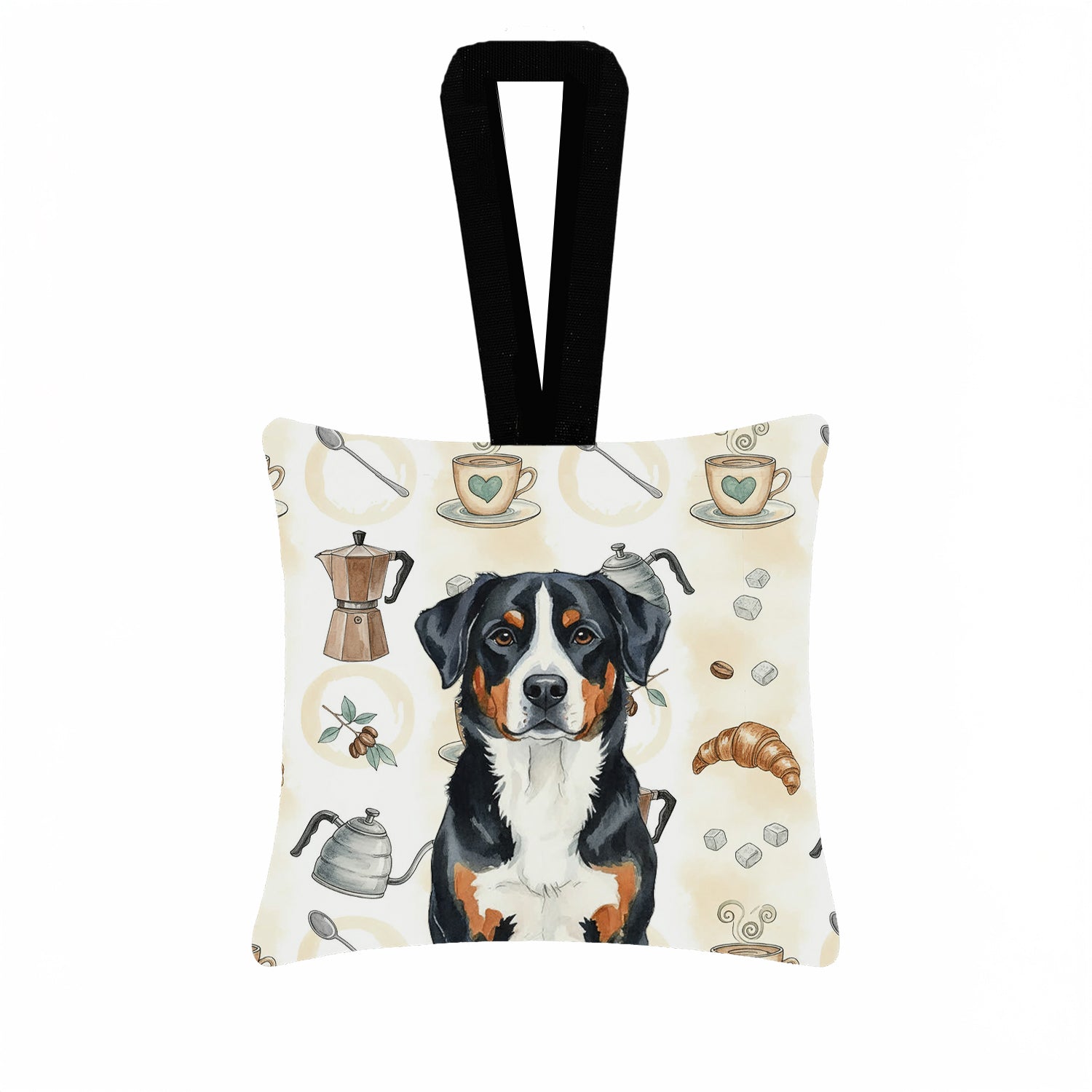 Greater Swiss Mountain Dog Coffee Bar Hanging Square Fabric Ornament 3.5 � 3.5 Decorative Door-Knob & Tree Hanger, Soft Fabric