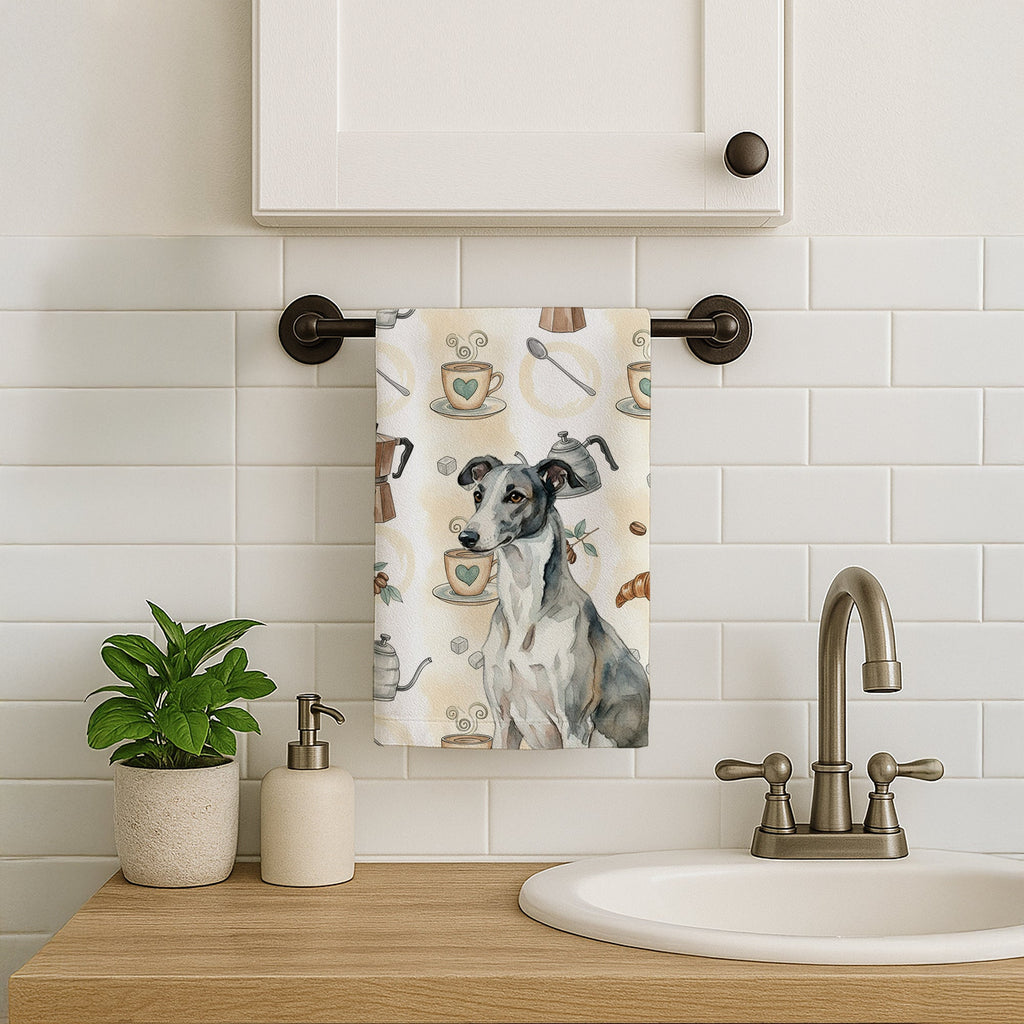Black and White Greyhound Coffee Bar Kitchen Towel Velour Plush Front and Cotton Loop Back Machine Washable