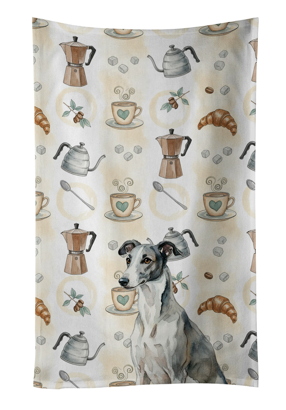 Black and White Greyhound Coffee Bar Kitchen Towel Velour Plush Front and Cotton Loop Back Machine Washable