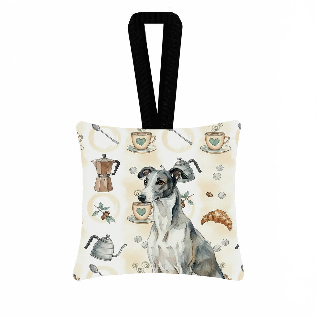 Black and White Greyhound Coffee Bar Hanging Square Fabric Ornament 3.5 � 3.5 Decorative Door-Knob & Tree Hanger, Soft Fabric