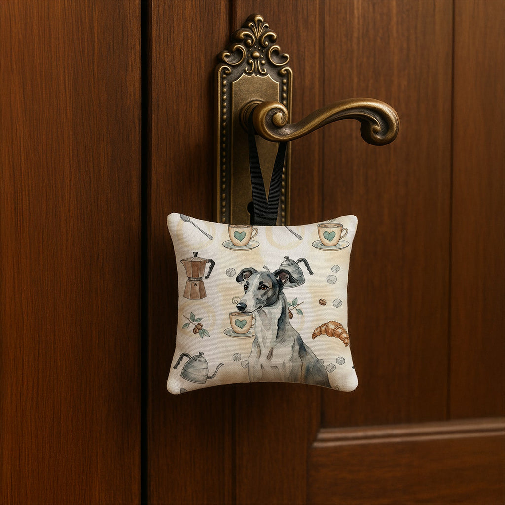 Black and White Greyhound Coffee Bar Hanging Square Fabric Ornament 3.5 � 3.5 Decorative Door-Knob & Tree Hanger, Soft Fabric