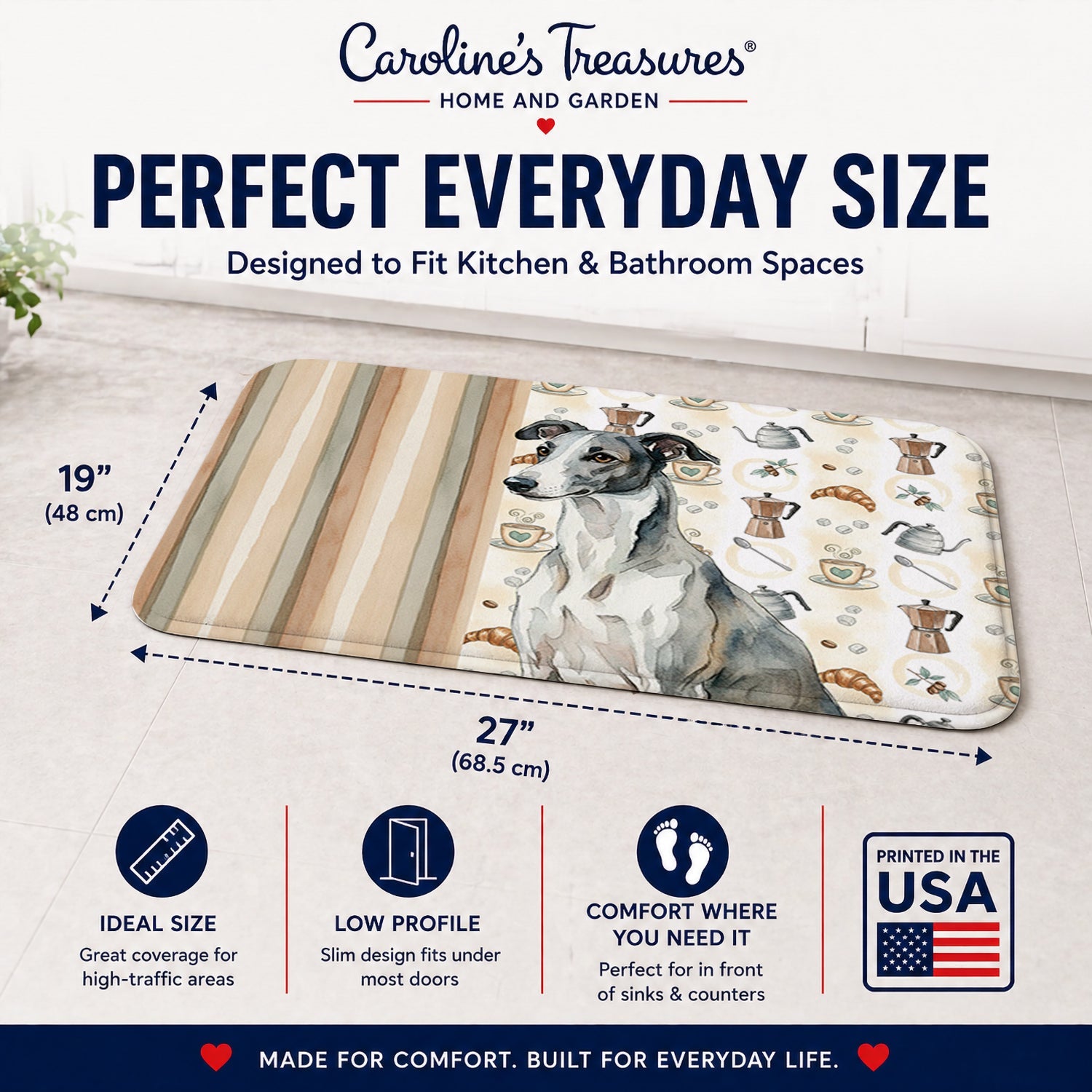 Black and White Greyhound Coffee Bar Memory Foam Kitchen Mat Machine Washable Anti-Fatigue Cushion Comfort Bath or Kitchen Rug