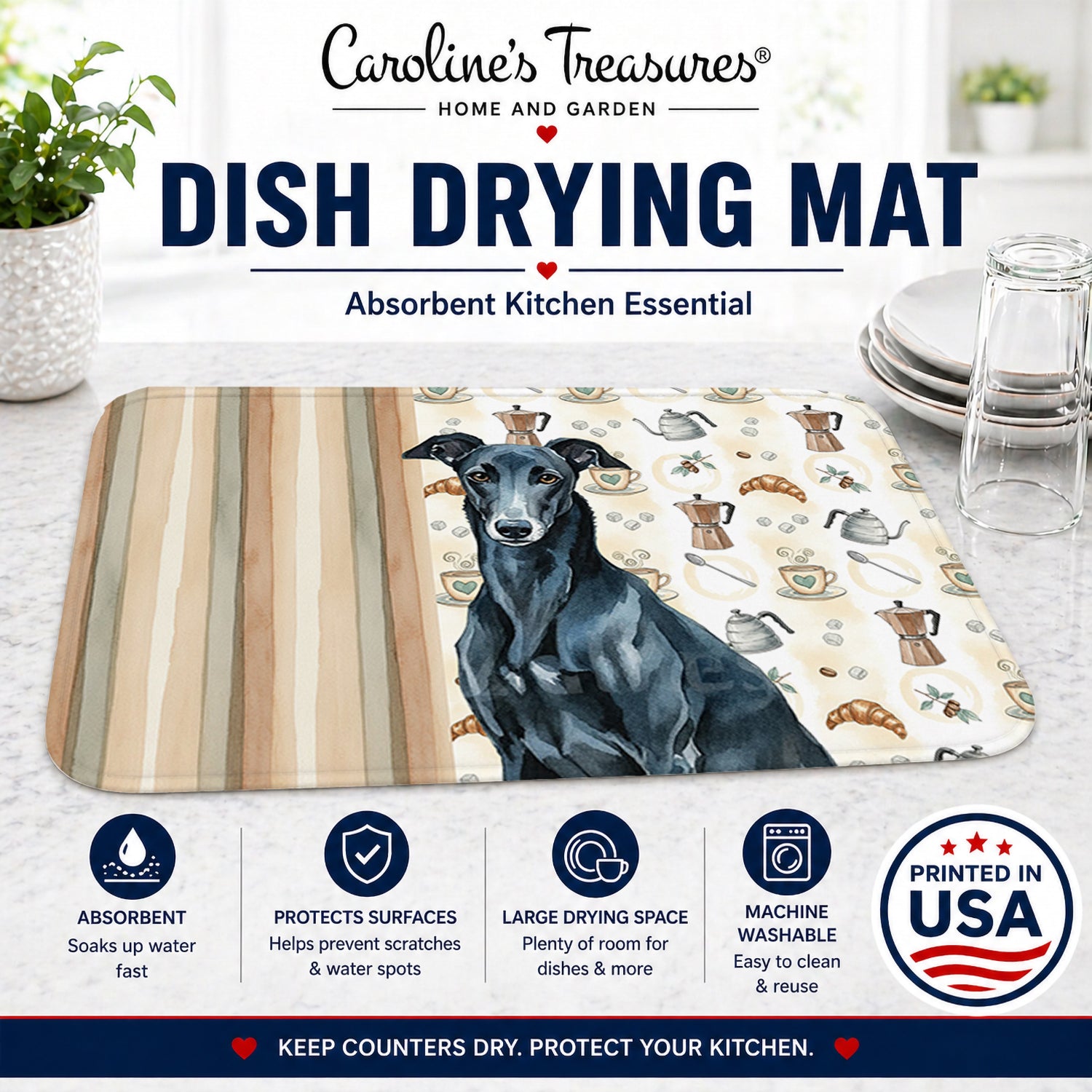 Black Greyhound Coffee Bar Dish Drying Mat Absorbent Dish Drying Mat Pad for Kitchen Counter Dish Drainer Mat for Countertop, 14 x 21", Multicolor