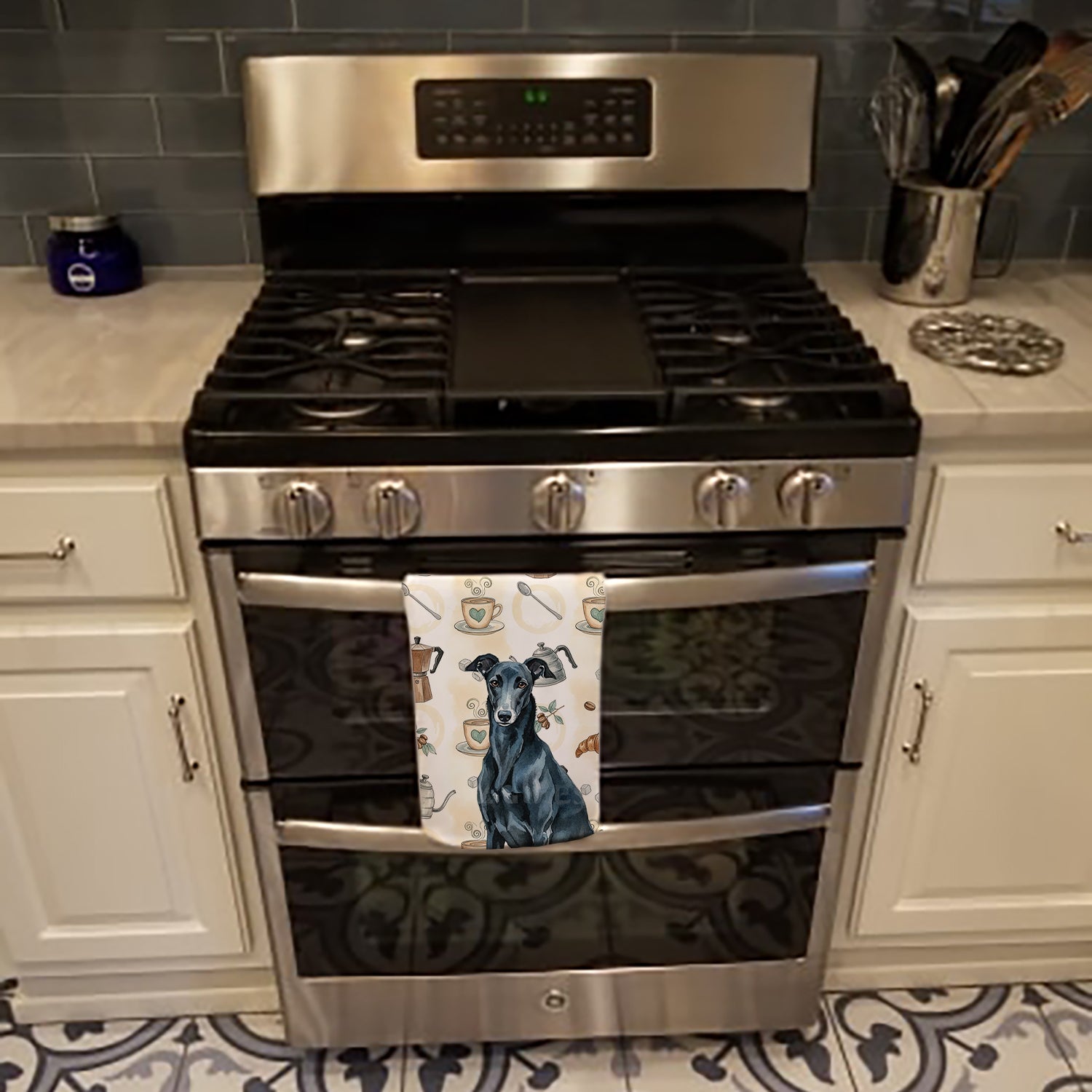Black Greyhound Coffee Bar Kitchen Towel Velour Plush Front and Cotton Loop Back Machine Washable