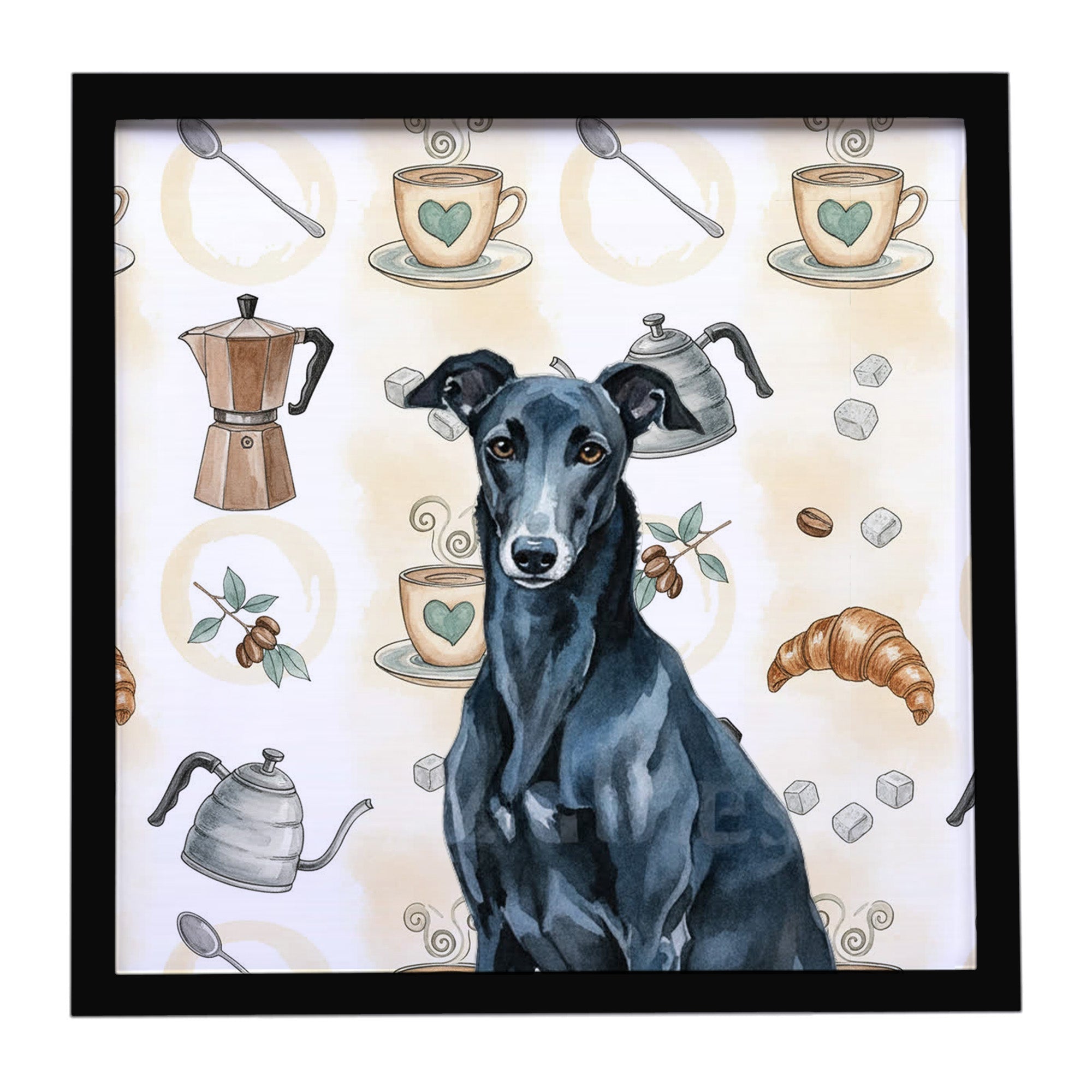 Black Greyhound Coffee Bar Framed Metal Print Bathroom, Kitchen, Office, Home Decor Wall Art Ready to Hang, Square, 8X8