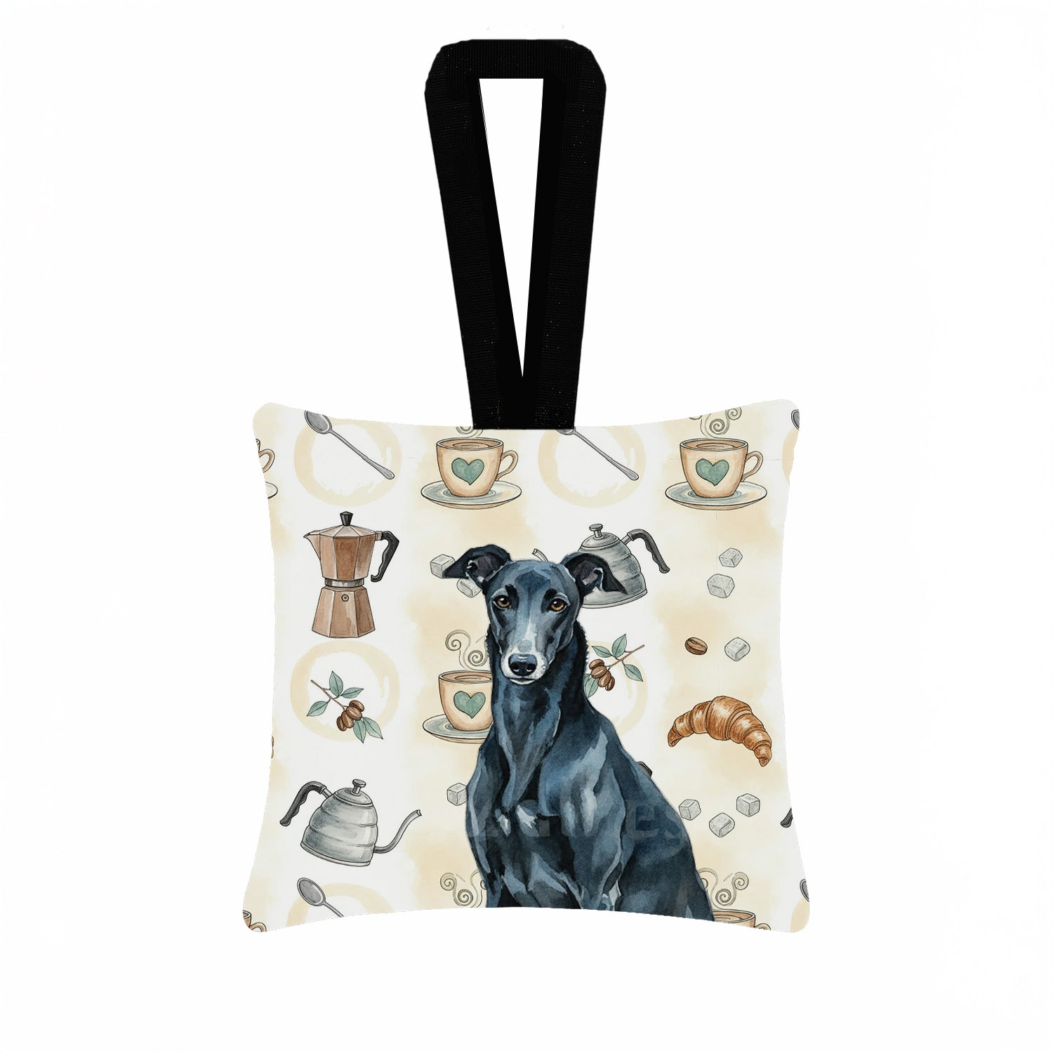 Black Greyhound Coffee Bar Hanging Square Fabric Ornament 3.5 � 3.5 Decorative Door-Knob & Tree Hanger, Soft Fabric