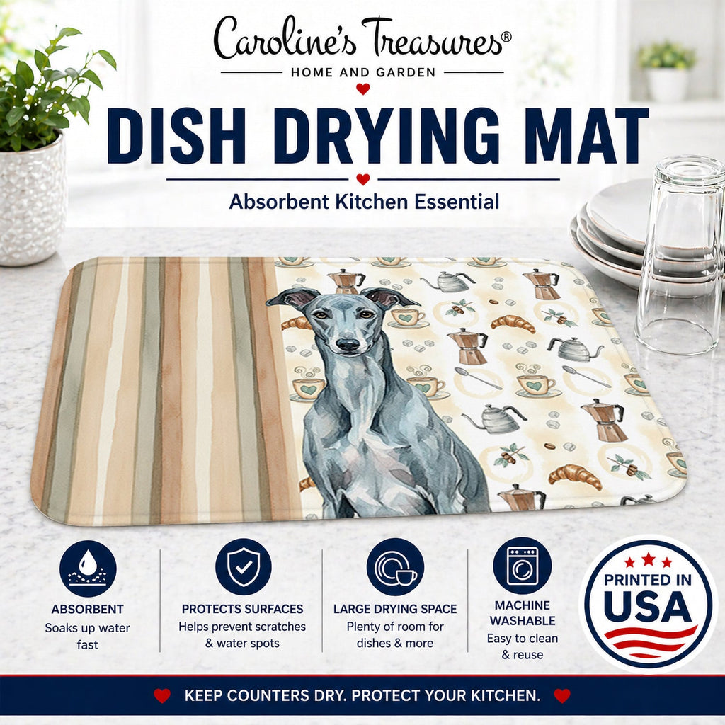 Blue Brindle Greyhound Coffee Bar Dish Drying Mat Absorbent Dish Drying Mat Pad for Kitchen Counter Dish Drainer Mat for Countertop, 14 x 21", Multicolor