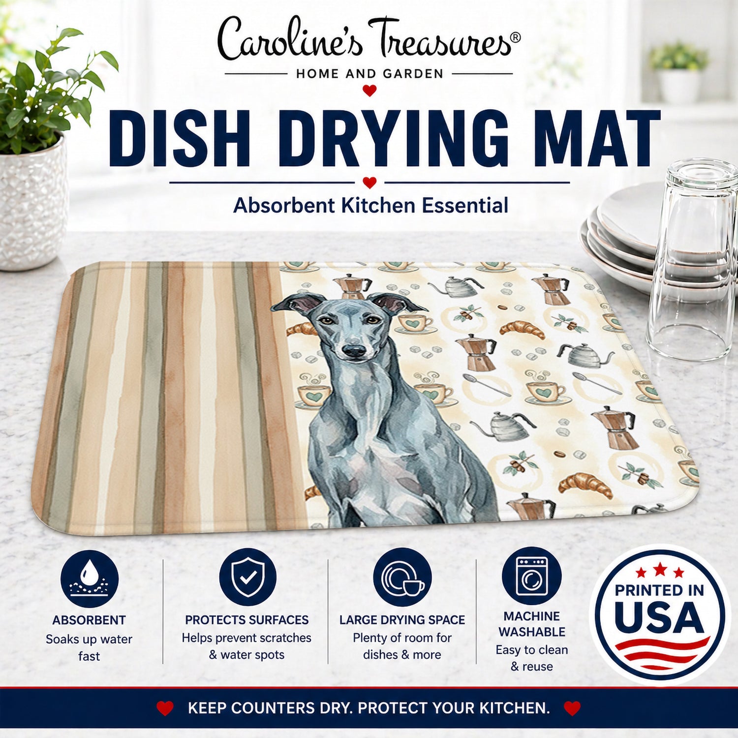 Blue Brindle Greyhound Coffee Bar Dish Drying Mat Absorbent Dish Drying Mat Pad for Kitchen Counter Dish Drainer Mat for Countertop, 14 x 21", Multicolor