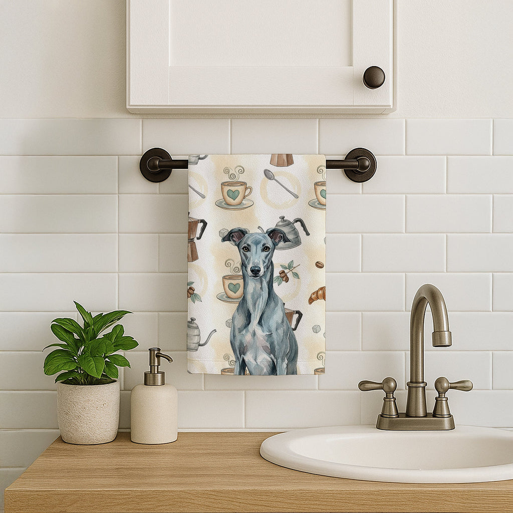 Blue Brindle Greyhound Coffee Bar Kitchen Towel Velour Plush Front and Cotton Loop Back Machine Washable