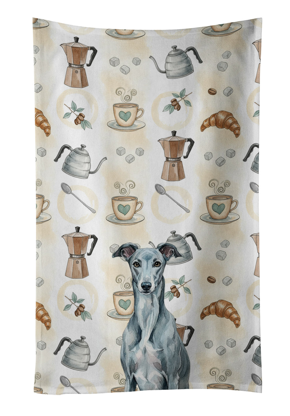 Blue Brindle Greyhound Coffee Bar Kitchen Towel Velour Plush Front and Cotton Loop Back Machine Washable