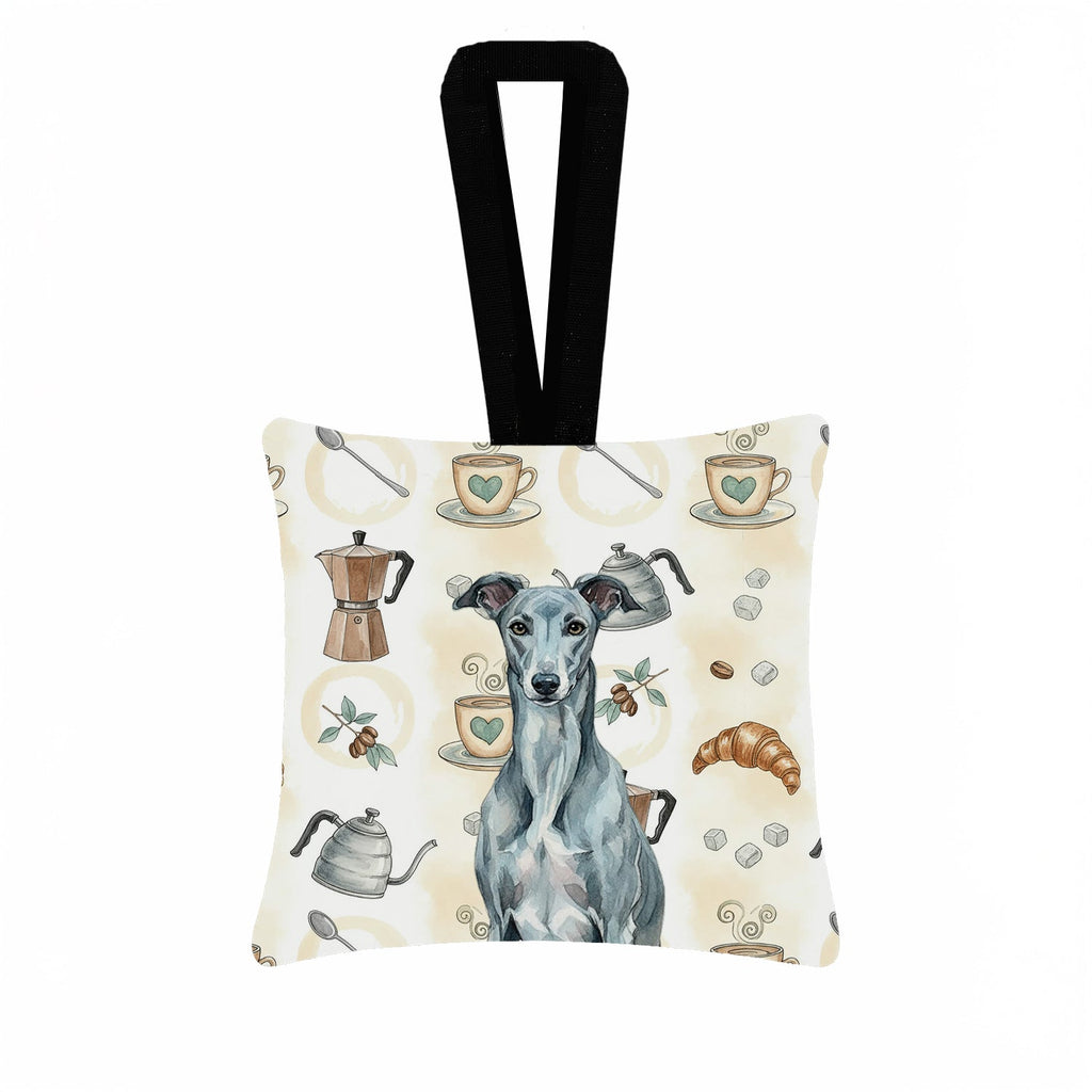 Blue Brindle Greyhound Coffee Bar Hanging Square Fabric Ornament 3.5 � 3.5 Decorative Door-Knob & Tree Hanger, Soft Fabric
