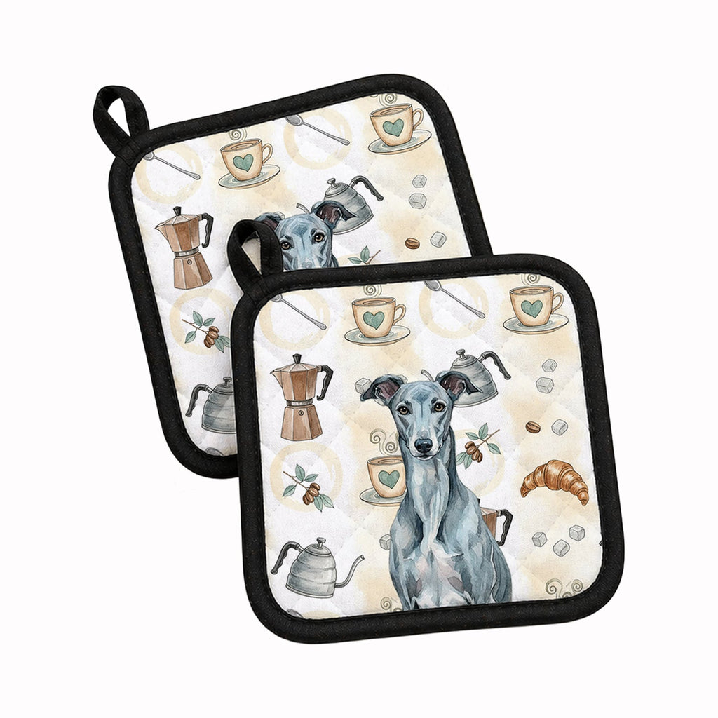 Blue Brindle Greyhound Coffee Bar Pot Holder Set of 2 Heat Resistant Quilted Hot Pads 7.5 x 7.5 Inch, Insulated Kitchen Trivets for Cooking & Baking