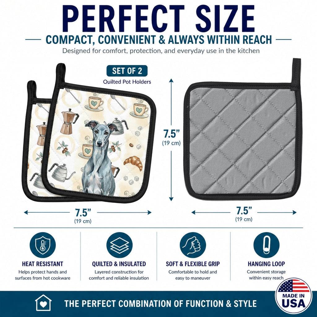 Blue Brindle Greyhound Coffee Bar Pot Holder Set of 2 Heat Resistant Quilted Hot Pads 7.5 x 7.5 Inch, Insulated Kitchen Trivets for Cooking & Baking