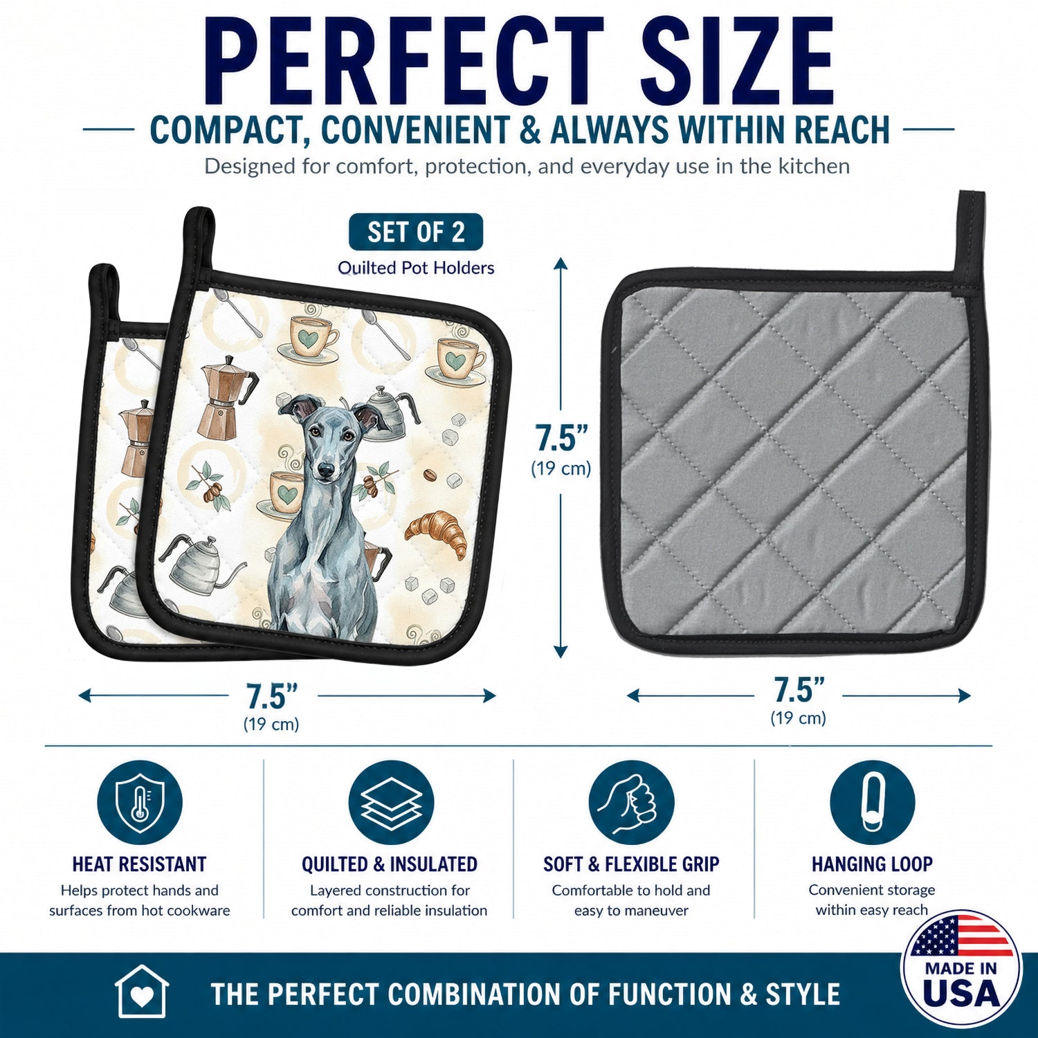 Blue Brindle Greyhound Coffee Bar Pot Holder Set of 2 Heat Resistant Quilted Hot Pads 7.5 x 7.5 Inch, Insulated Kitchen Trivets for Cooking & Baking