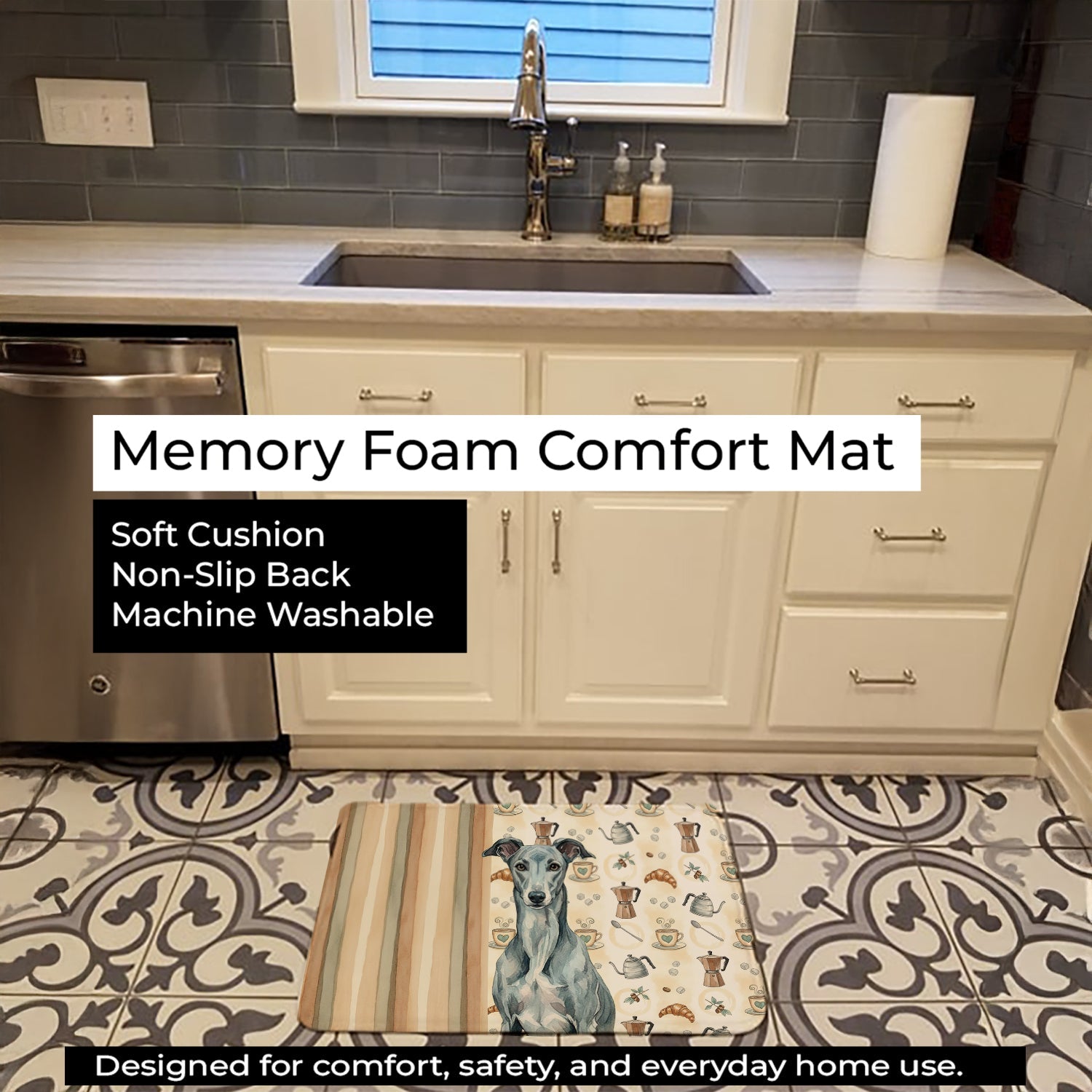 Blue Brindle Greyhound Coffee Bar Memory Foam Kitchen Mat Machine Washable Anti-Fatigue Cushion Comfort Bath or Kitchen Rug