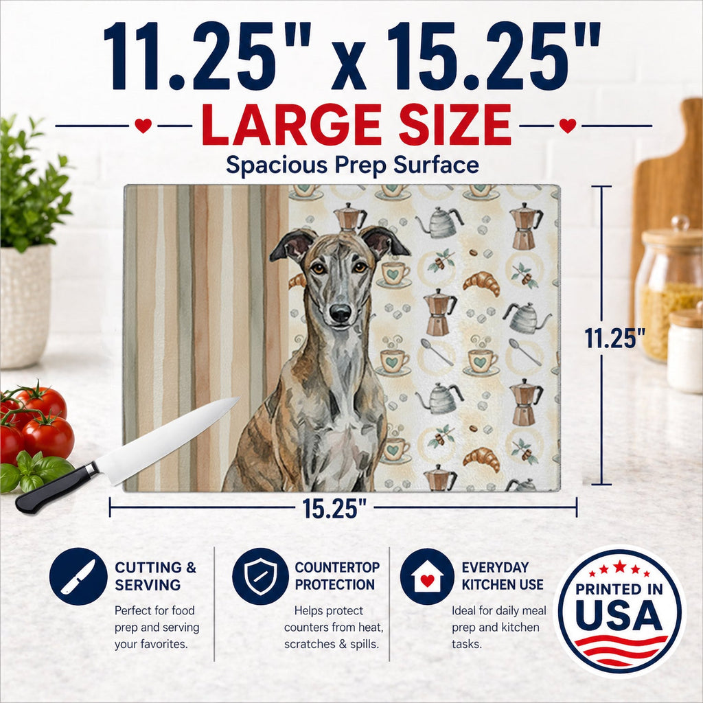 Brindle Greyhound Coffee Bar Cutting Board Tempered Glass Kitchen Cutting Surface, Heat Resistant Chopping, Non-Slip Feet, Food Prep & Serving