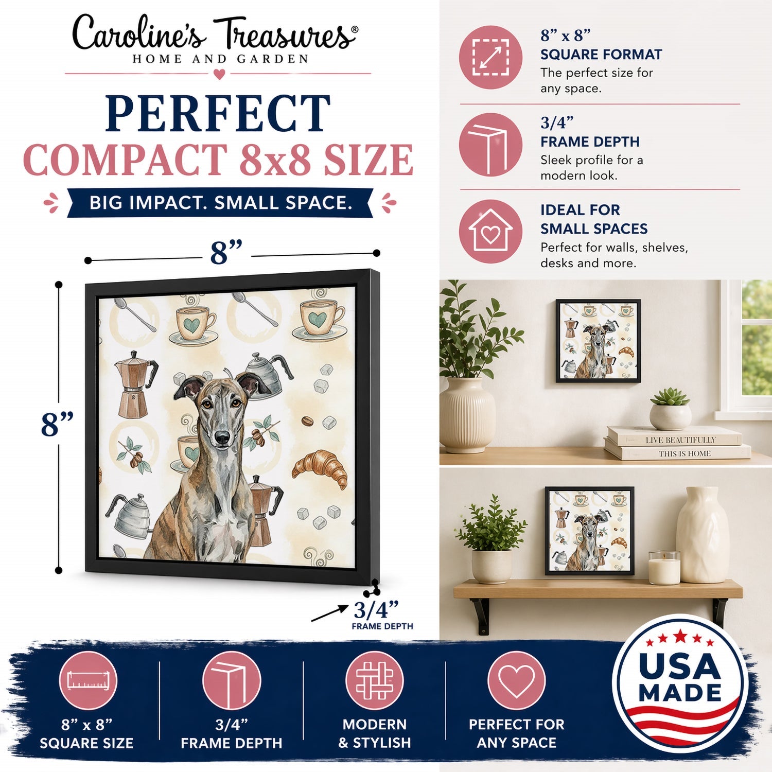 Brindle Greyhound Coffee Bar Framed Metal Print Bathroom, Kitchen, Office, Home Decor Wall Art Ready to Hang, Square, 8X8