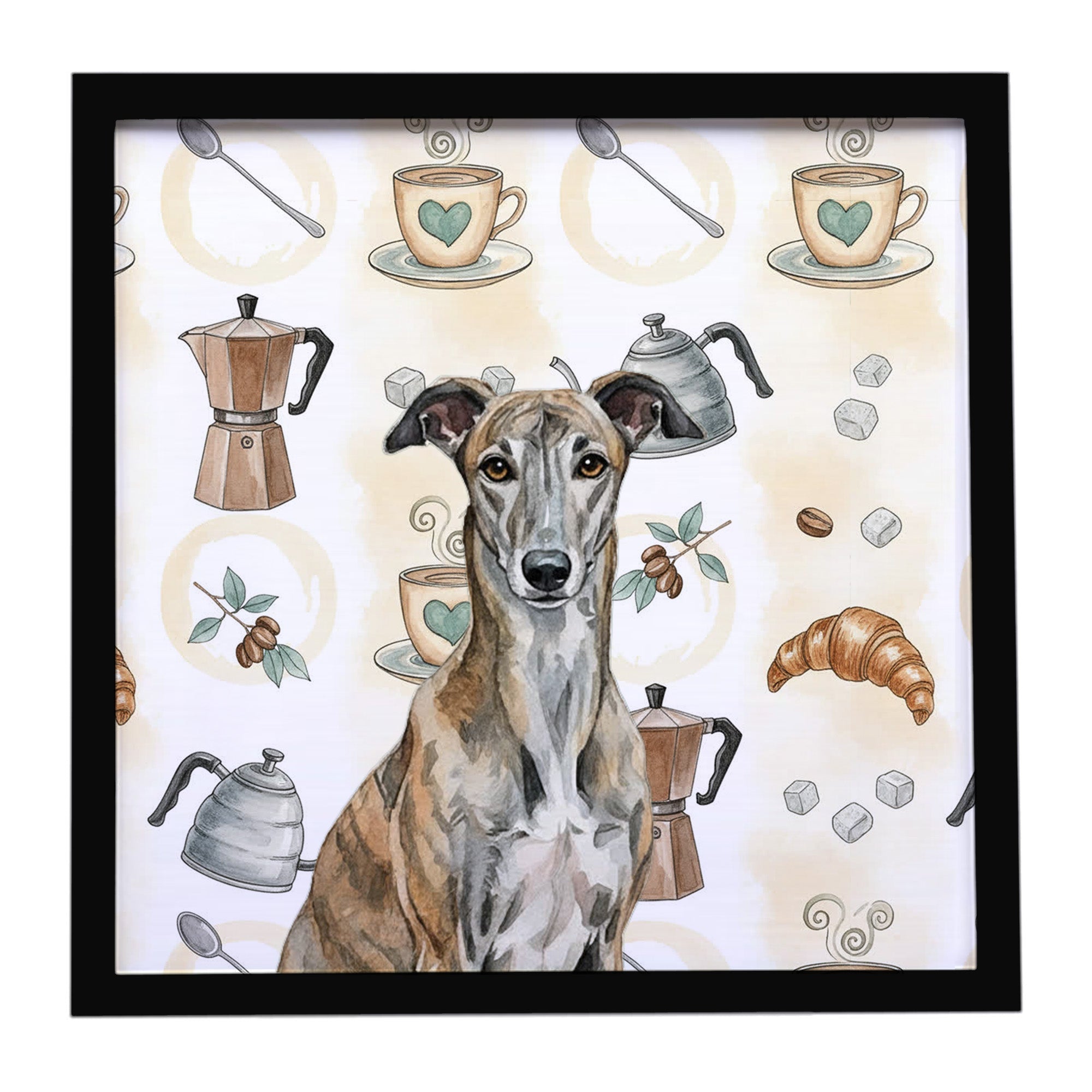 Brindle Greyhound Coffee Bar Framed Metal Print Bathroom, Kitchen, Office, Home Decor Wall Art Ready to Hang, Square, 8X8